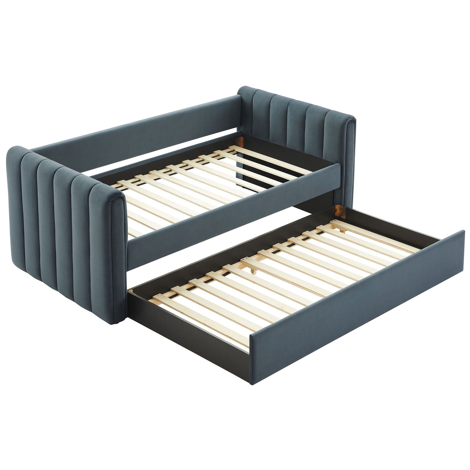 Dual sleeping platforms with exposed wood slats on the daybed and pull-out trundle || MOD-7234-CAB || top_angle_open_studio