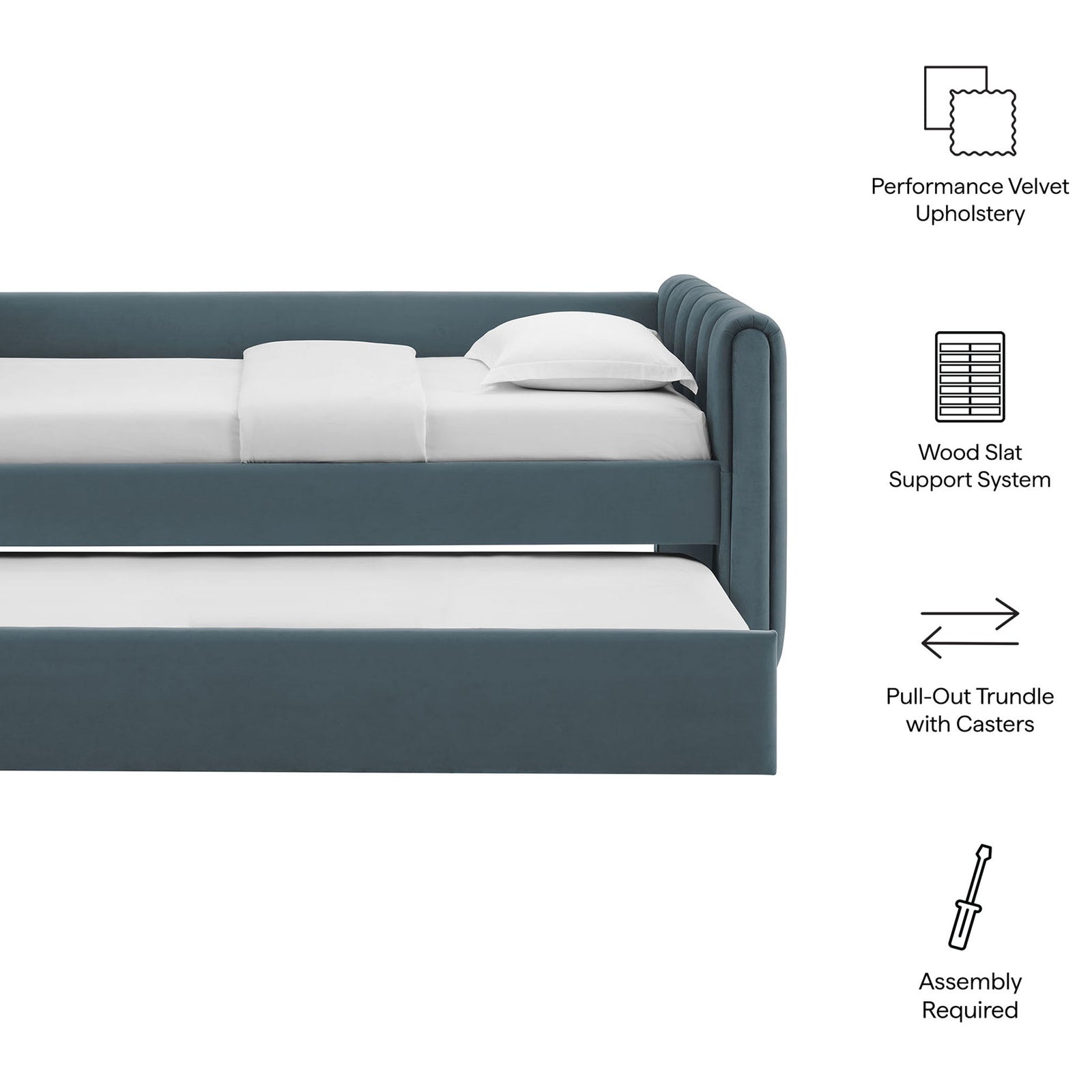 Key features include performance velvet upholstery, wood slats, and a smooth pull-out trundle || MOD-7234-CAB || callout_studio