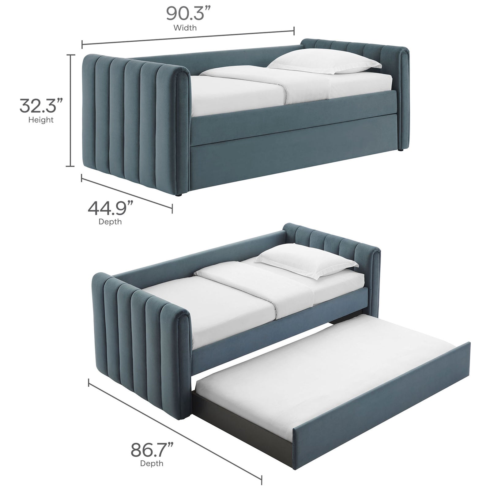 Dimensions for the twin daybed with trundle, featuring a compact, space-saving profile || MOD-7234-CAB || dimension_studio