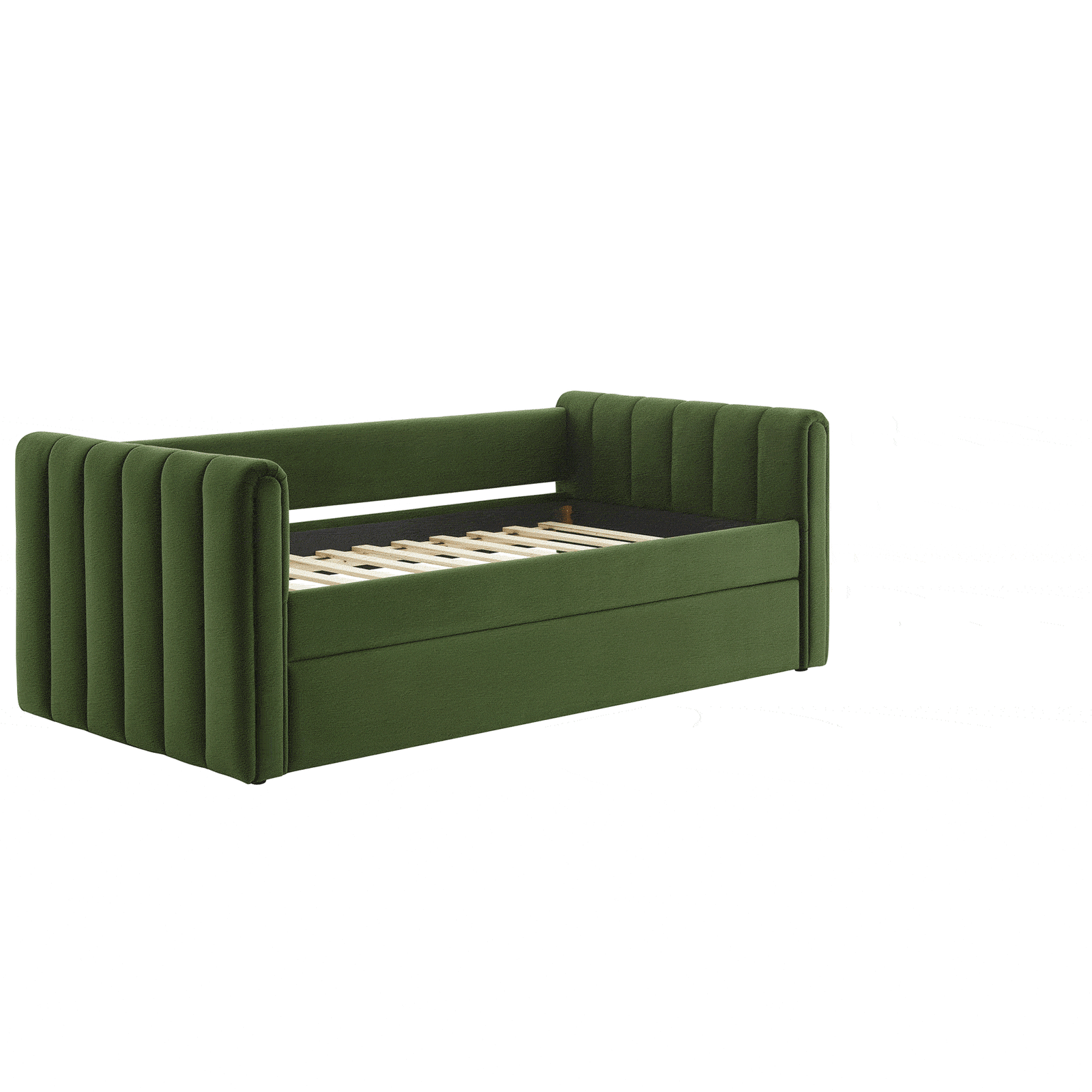 Streamlined velvet daybed with channel tufting and an integrated trundle in moss green. || MOD-7234-MOG || front_angle_studio