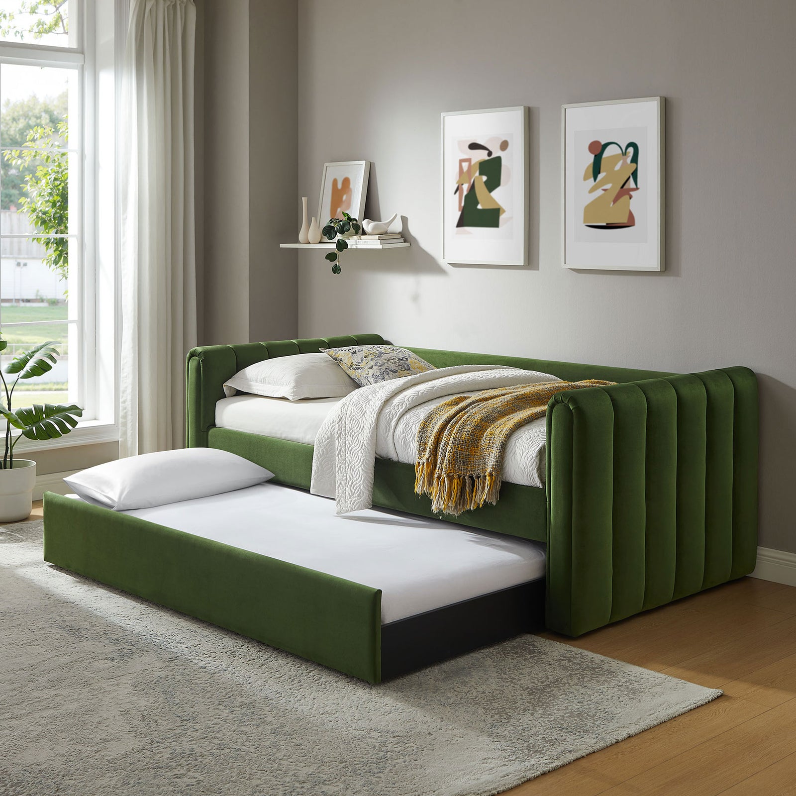 Versatile twin daybed with pull-out trundle creates instant guest sleep space with style. || MOD-7234-MOG || front_angle_open_room