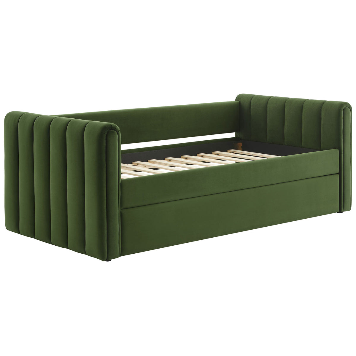 Twin daybed frame reveals sturdy wood slat support under soft moss green performance velvet. || MOD-7234-MOG || front_angle_studio