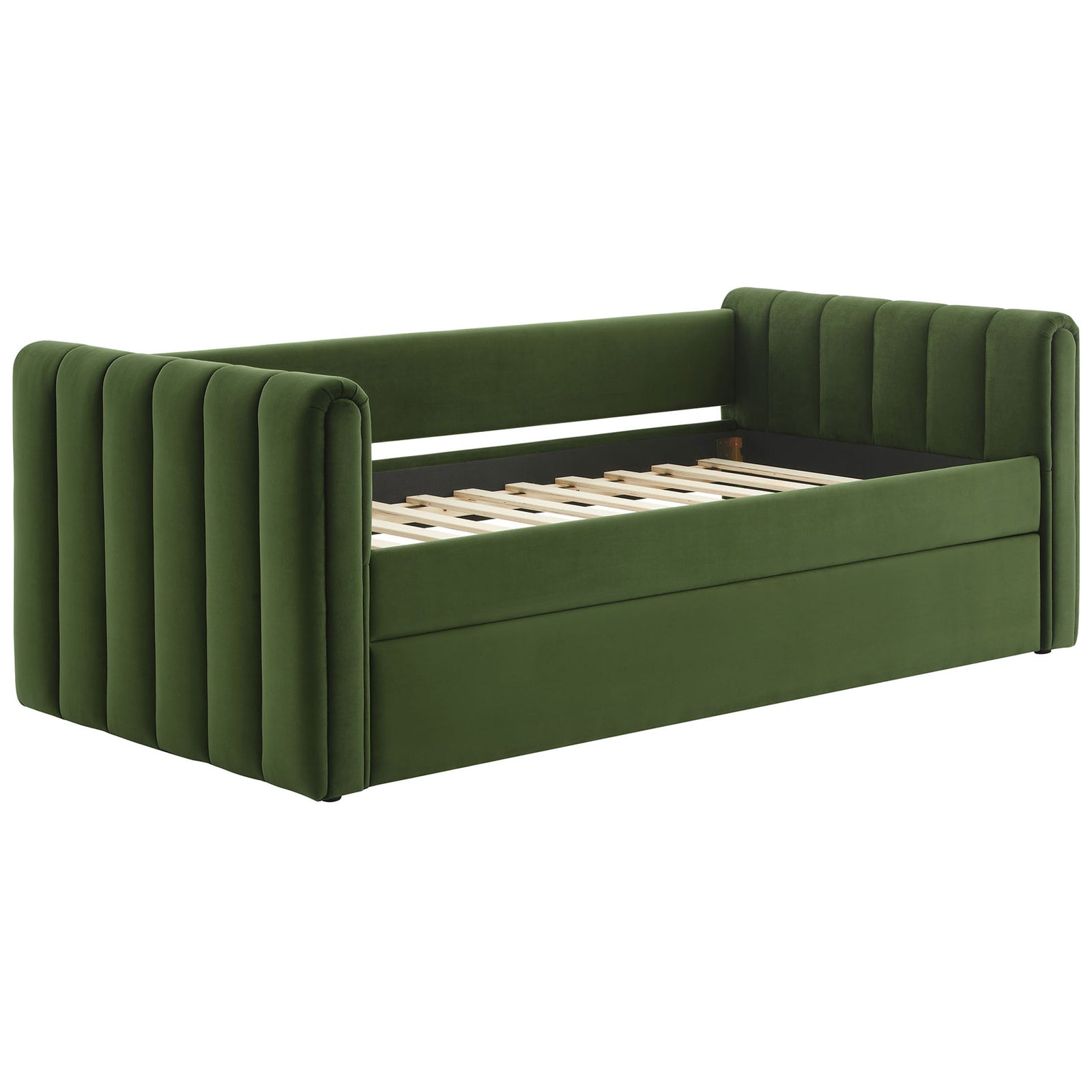 Twin daybed frame reveals sturdy wood slat support under soft moss green performance velvet. || MOD-7234-MOG || front_angle_studio