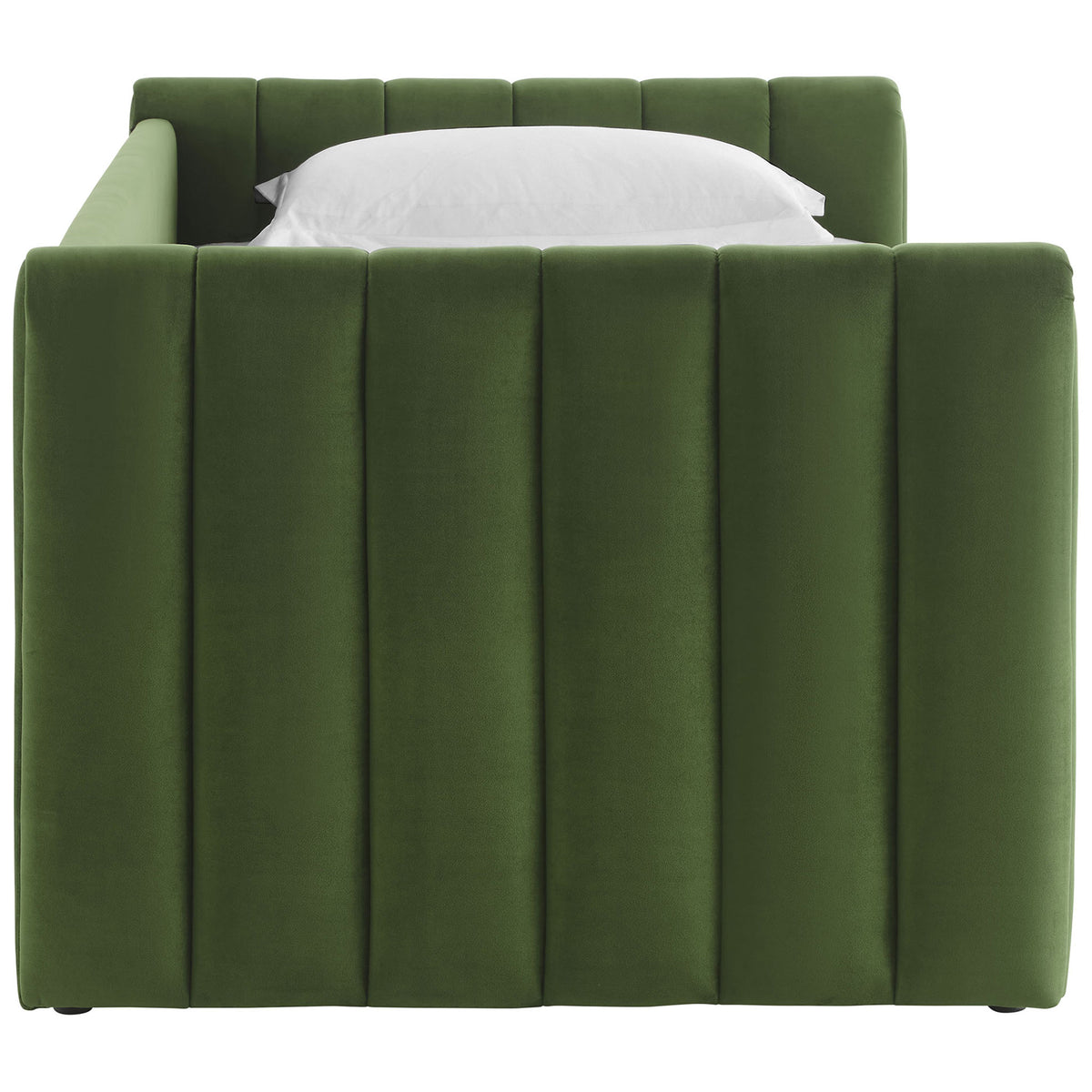 Upholstered end panel with deep channel tufting adds texture and comfort in rich moss green. || MOD-7234-MOG || side_studio