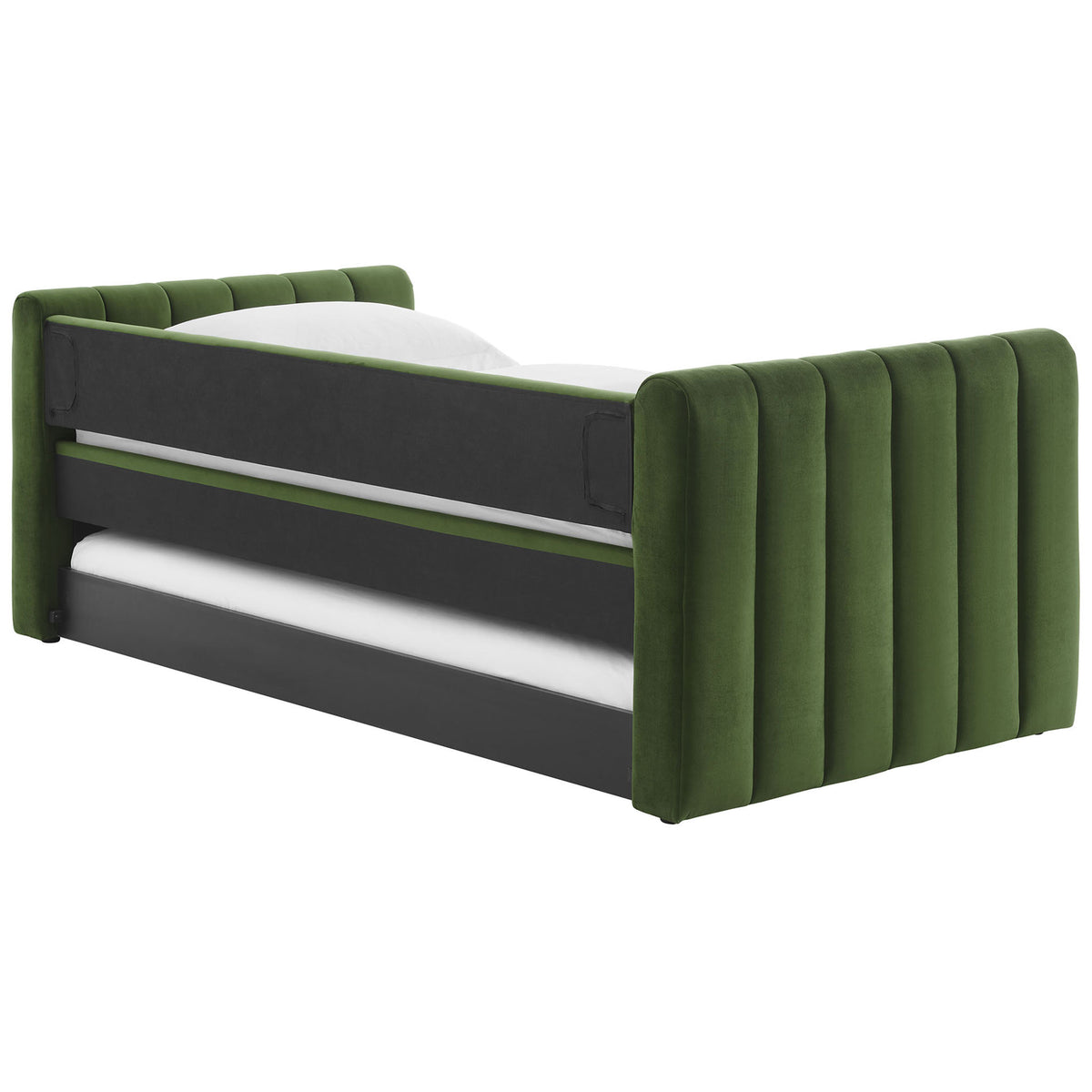 Back panel neatly upholstered with vertical channels for a refined, finished look. || MOD-7234-MOG || back_angle_studio