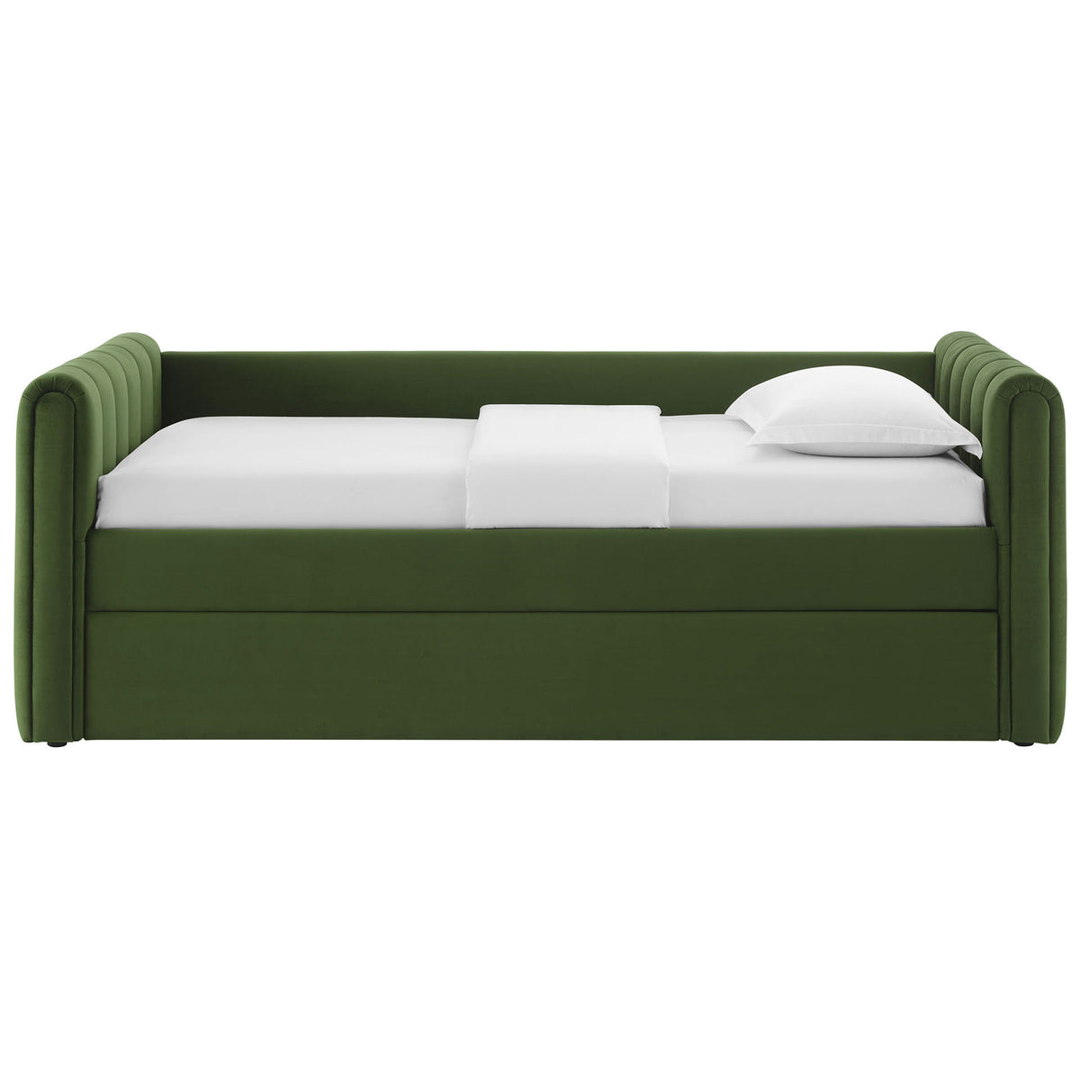 Veyla daybed in moss green performance velvet with tailored channel tufting and a seamless hidden trundle. || MOD-7234-MOG || front_studio