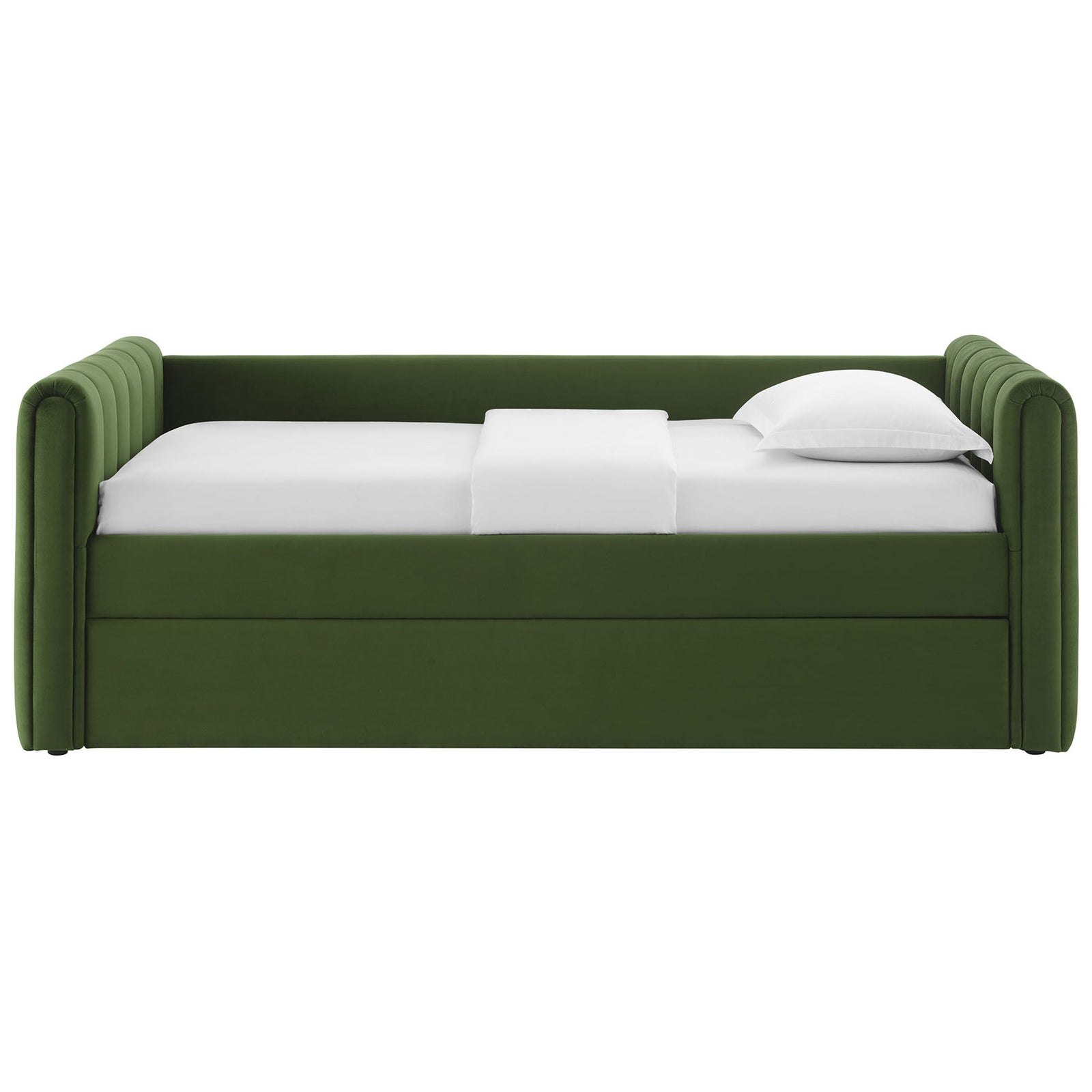 Veyla daybed in moss green performance velvet with tailored channel tufting and a seamless hidden trundle. || MOD-7234-MOG || front_studio
