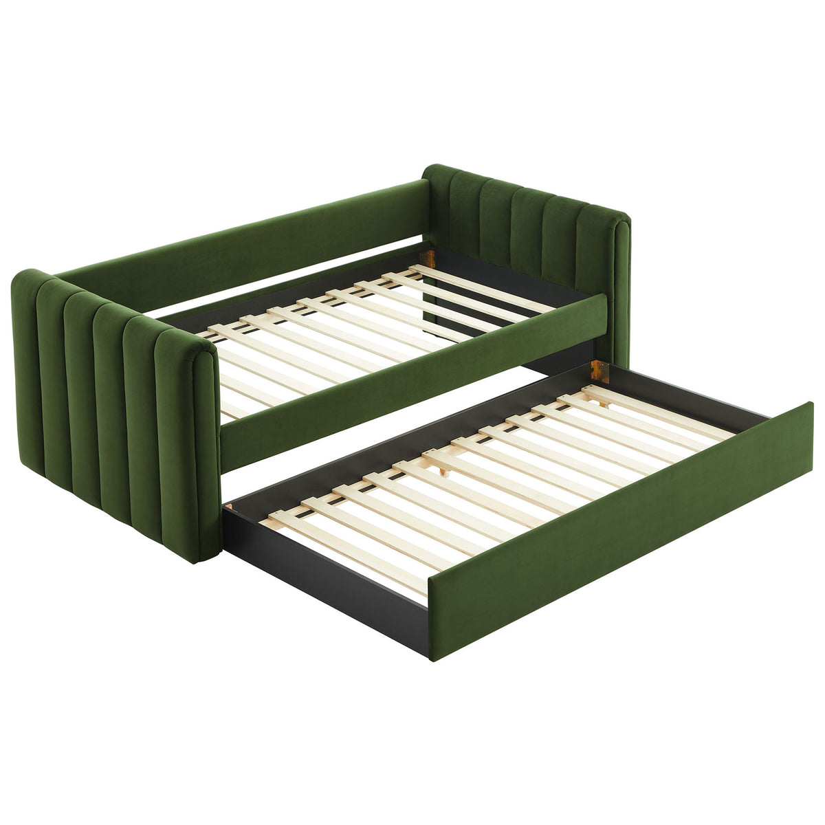 Upper bed and trundle both feature durable slat foundations for strong, mattress-ready support. || MOD-7234-MOG || front_angle_open_studio