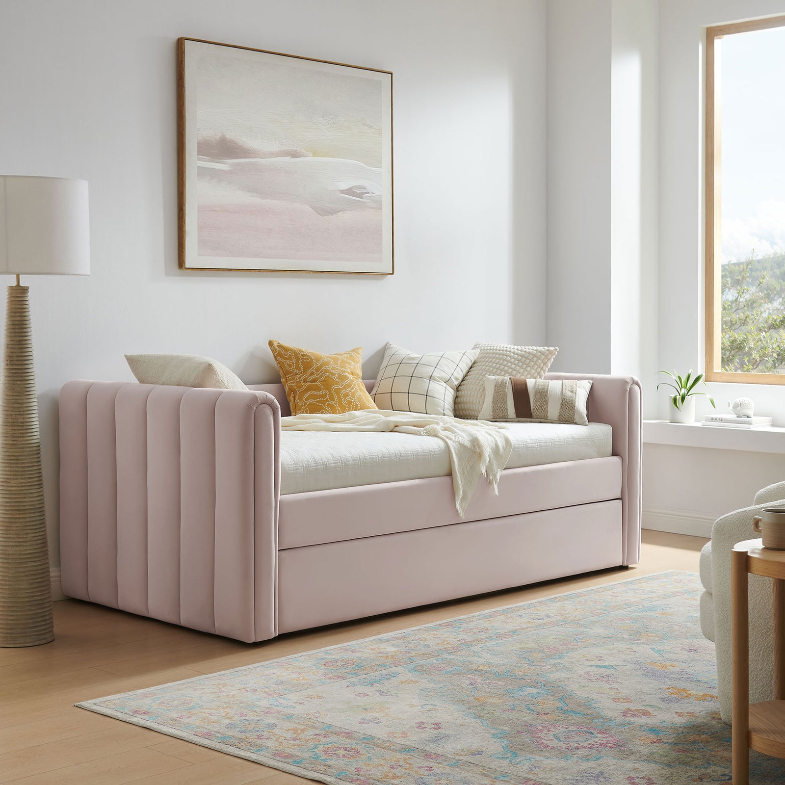 Elegant pink velvet daybed adds cozy seating by day and a chic sleeping spot by night || MOD-7234-PNK || front_angle_room