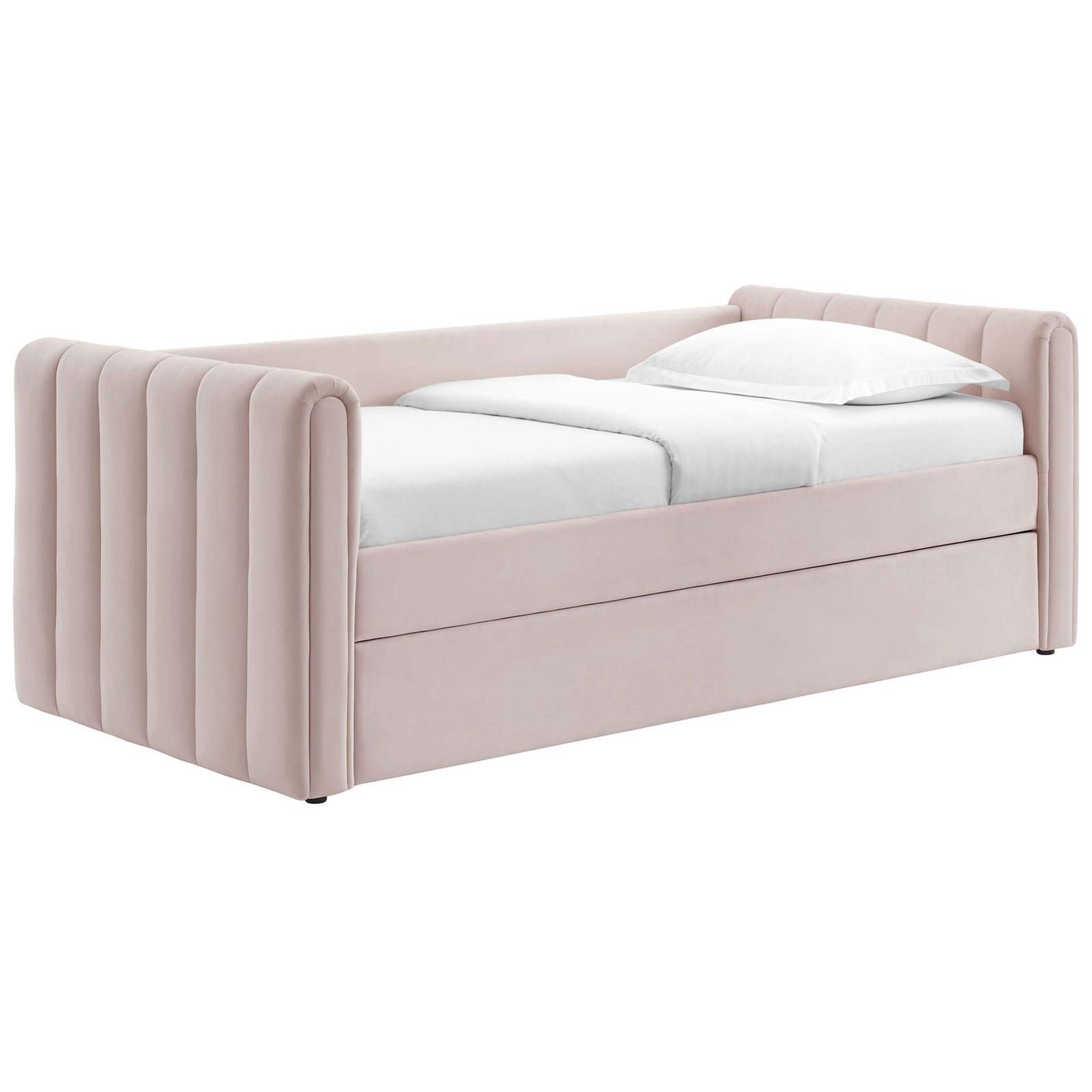 Channel-tufted pink velvet daybed with gently padded arms and a seamless trundle panel || MOD-7234-PNK || front_angle_studio
