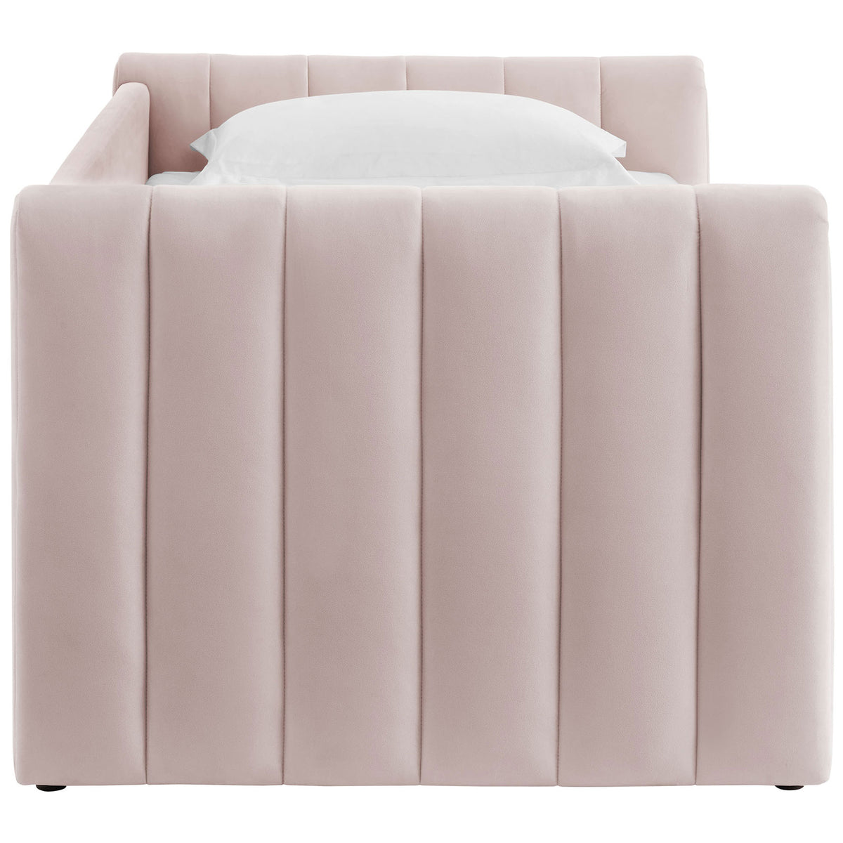 Rounded channel-tufted arm and plush upholstery create a refined silhouette on this pink daybed || MOD-7234-PNK || side_studio