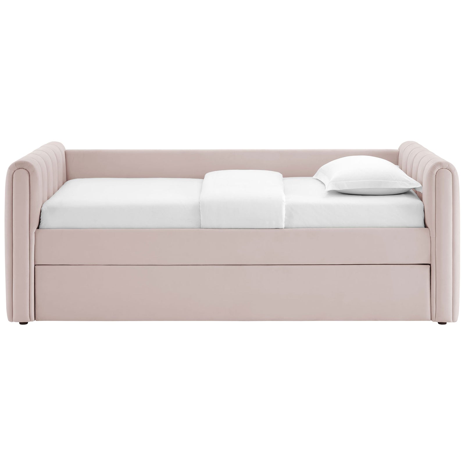 Plush pink velvet daybed with vertical channel tufting and clean, low-profile lines || MOD-7234-PNK || front_studio