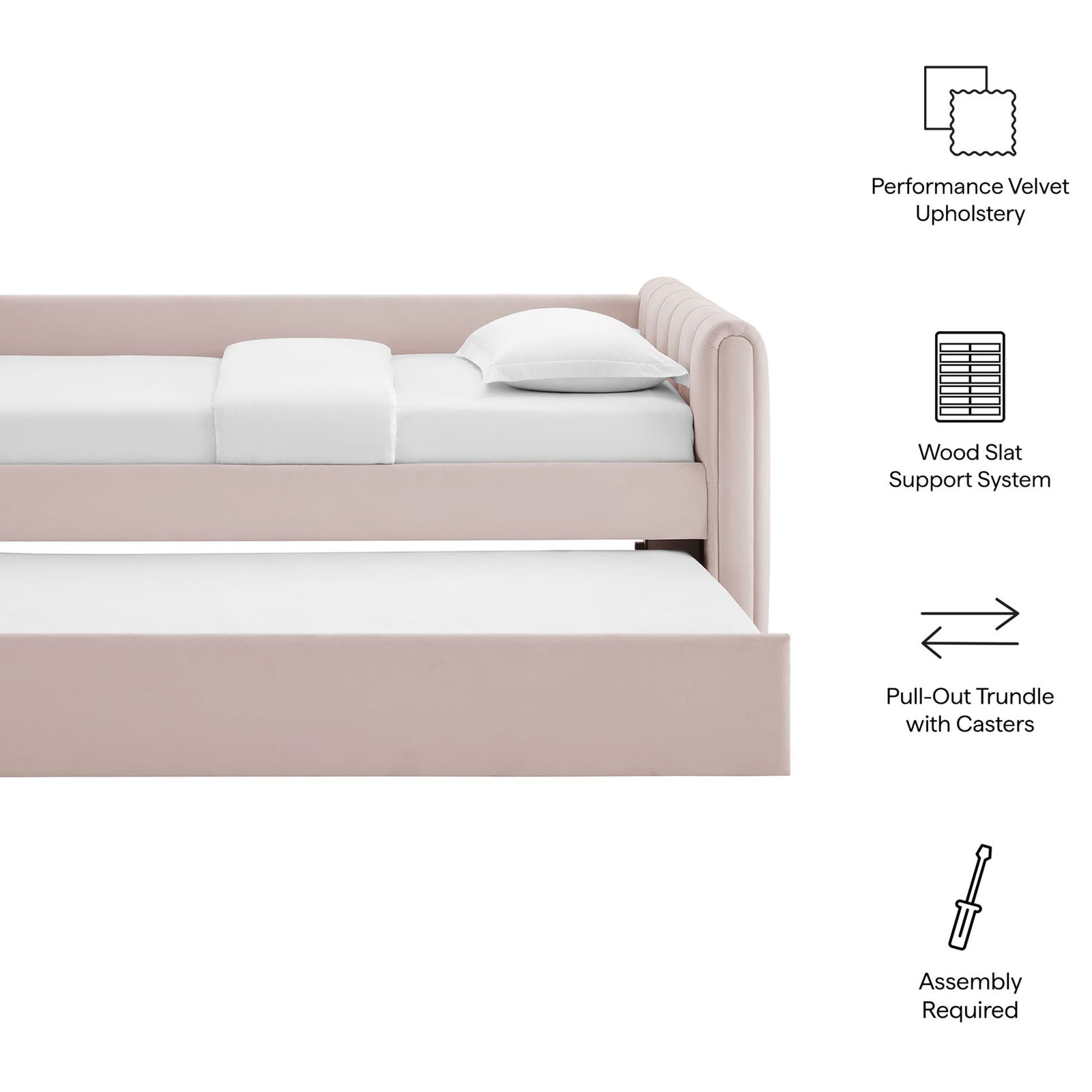 Key features include performance velvet, wood slats, and a pull-out trundle with casters || MOD-7234-PNK || callout_studio