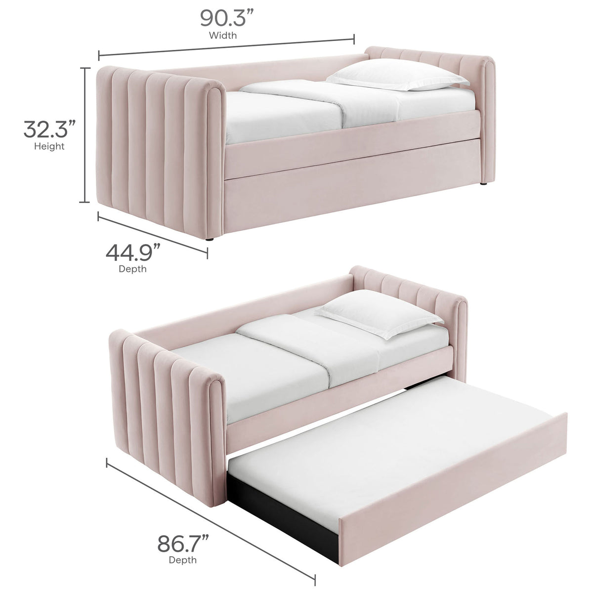 Dimensions shown for the pink velvet daybed and extended trundle for easy room planning || MOD-7234-PNK || dimension_studio