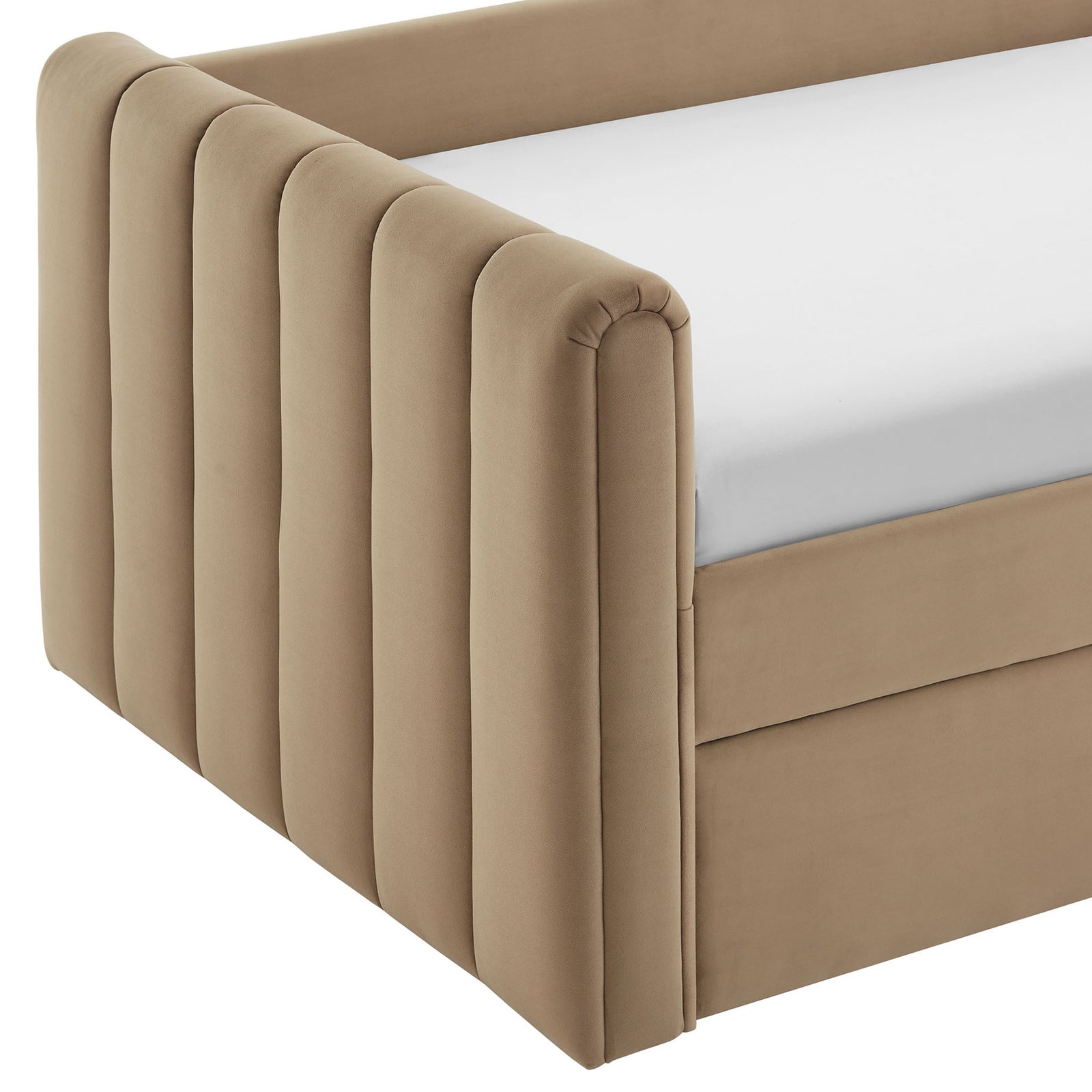 Rounded channel-tufted arm in plush, stain-resistant performance velvet upholstery || MOD-7234-TAU || detail_studio