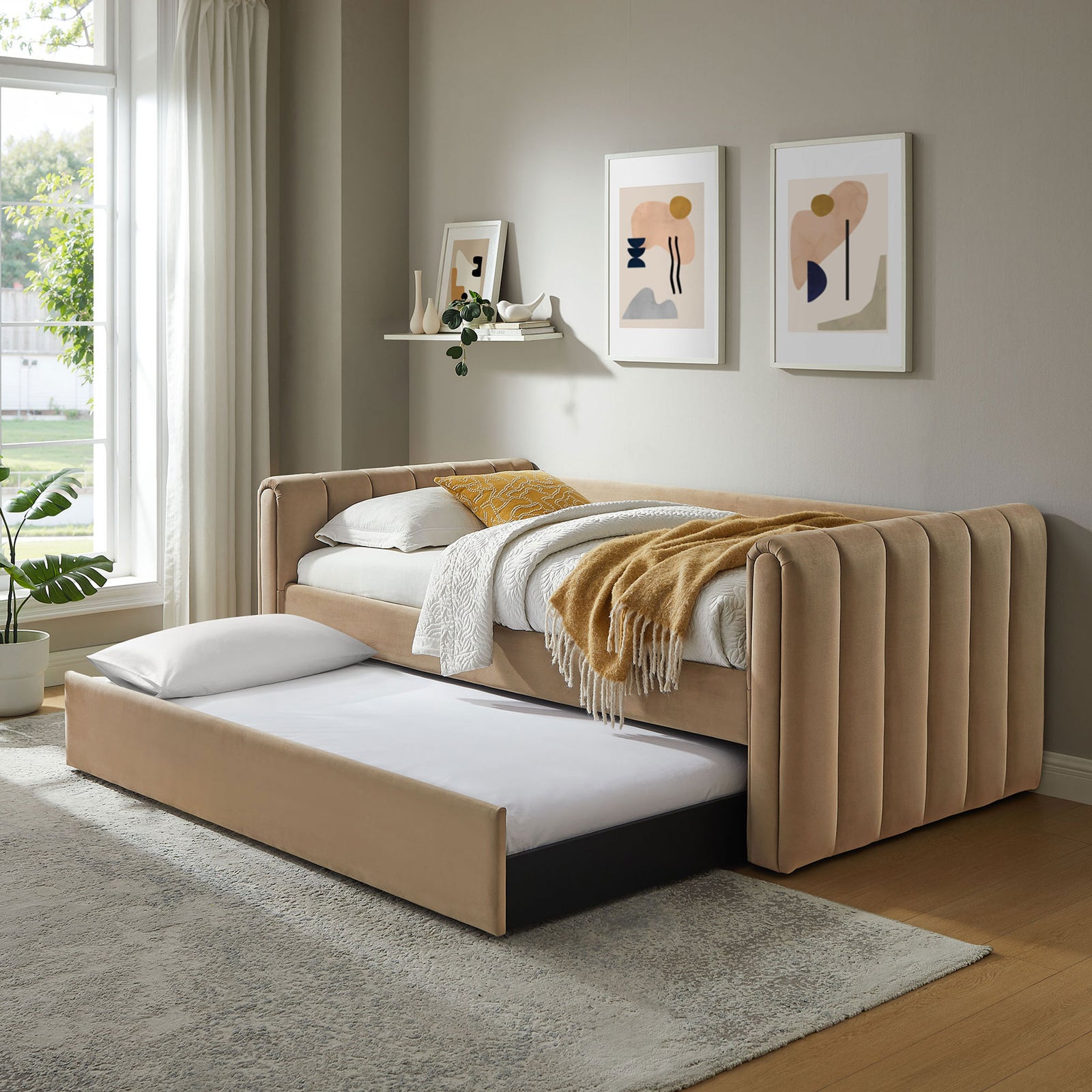 Trundle pulled out transforms the daybed into a practical guest-ready twin-over-twin setup || MOD-7234-TAU || front_angle_open_room