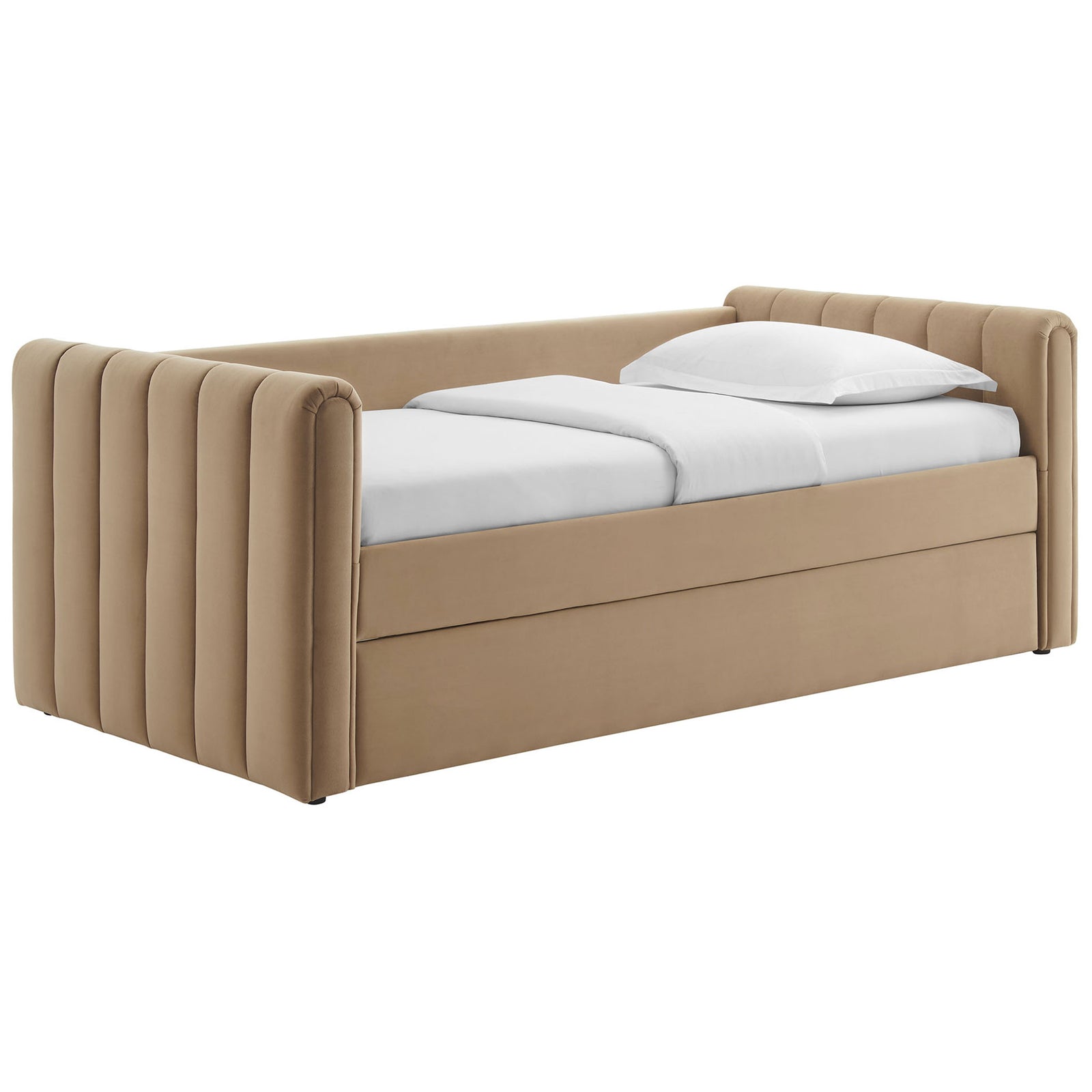 Streamlined daybed in taupe performance velvet with tailored vertical channels and plush padded sides || MOD-7234-TAU || front_angle_studio