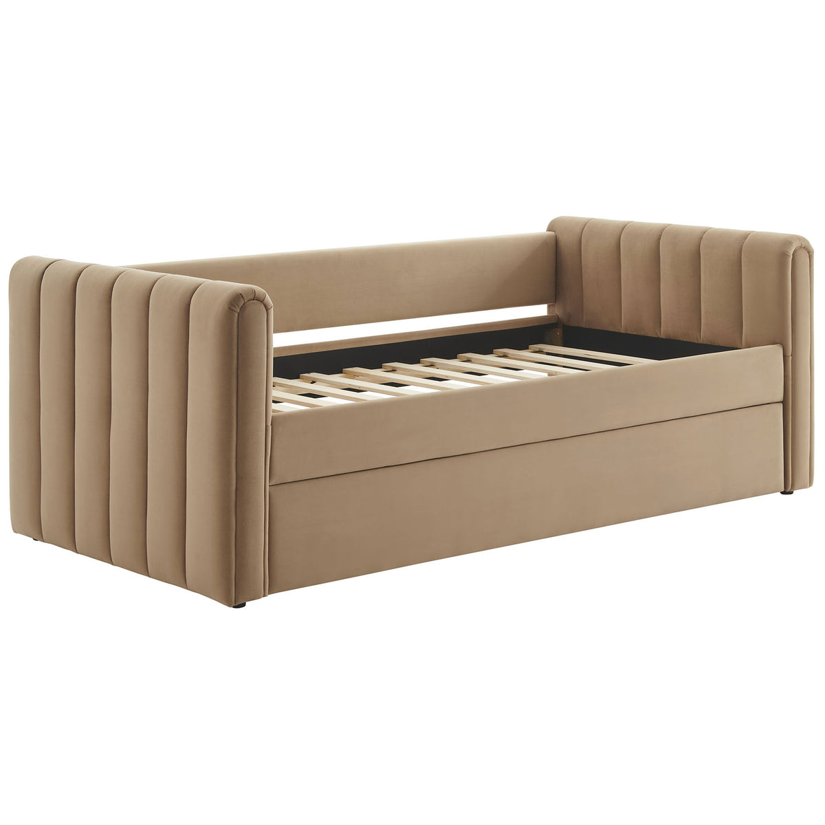 Channel-tufted daybed with exposed wood slat support and low-profile arms in soft taupe performance velvet || MOD-7234-TAU || front_angle_studio