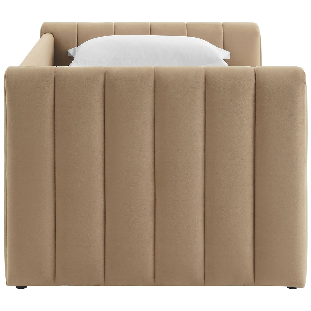 Gently padded side panels with vertical channel tufting wrapped in taupe performance velvet || MOD-7234-TAU || side_studio