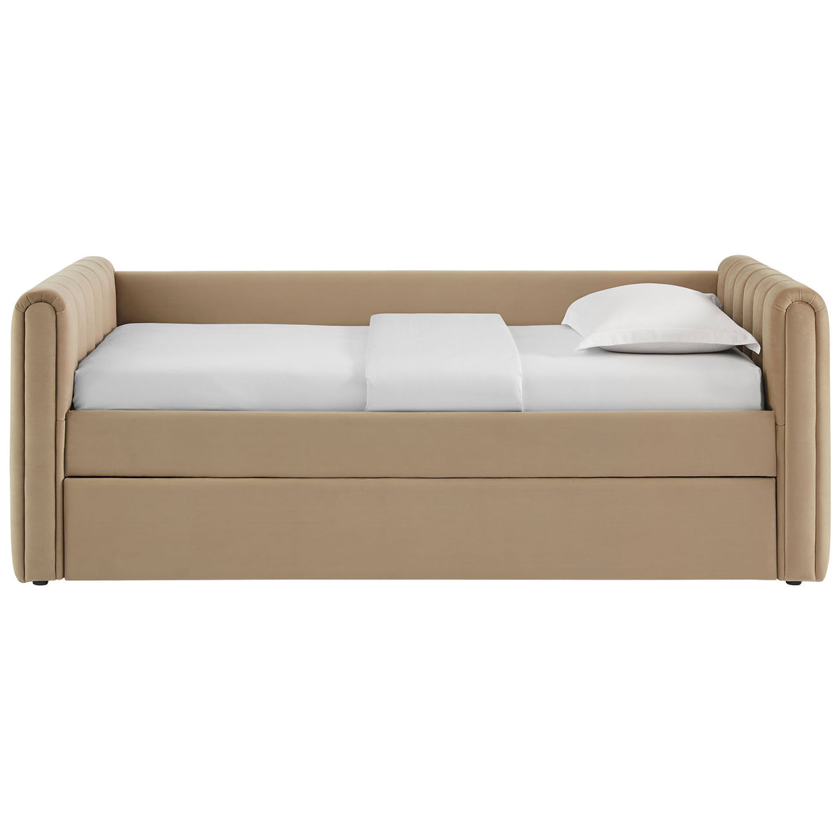 Taupe performance velvet daybed with channel tufting and a seamless pull-out trundle for space-saving comfort || MOD-7234-TAU || front_studio