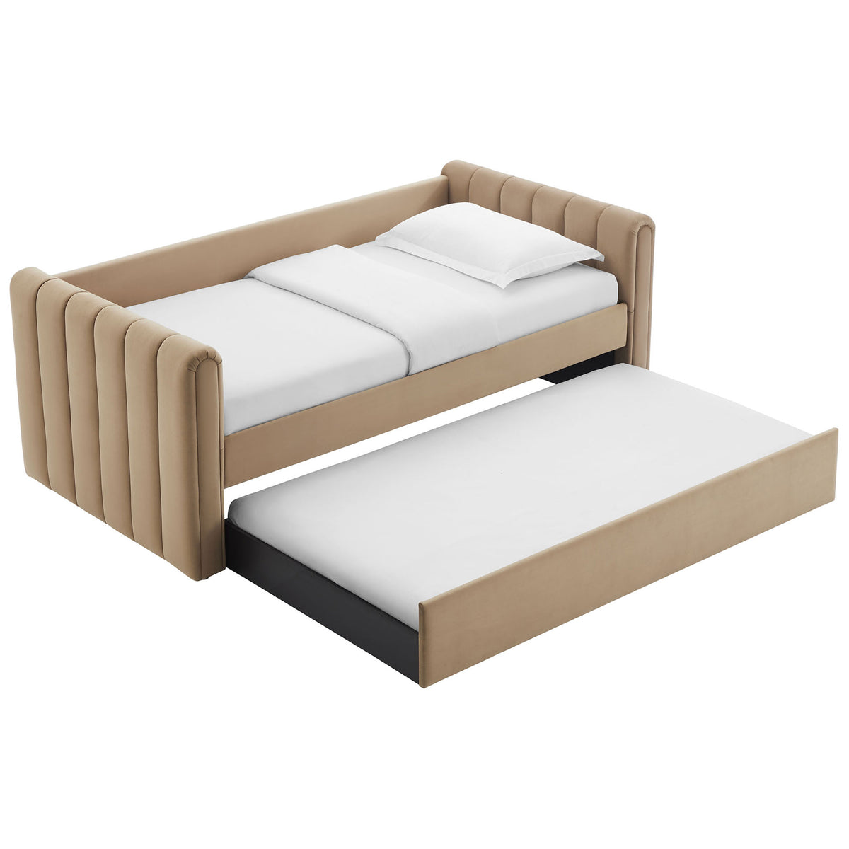Pull-out trundle glides on casters beneath the daybed, creating an easy space-saving sleep solution || MOD-7234-TAU || front_angle_open_studio