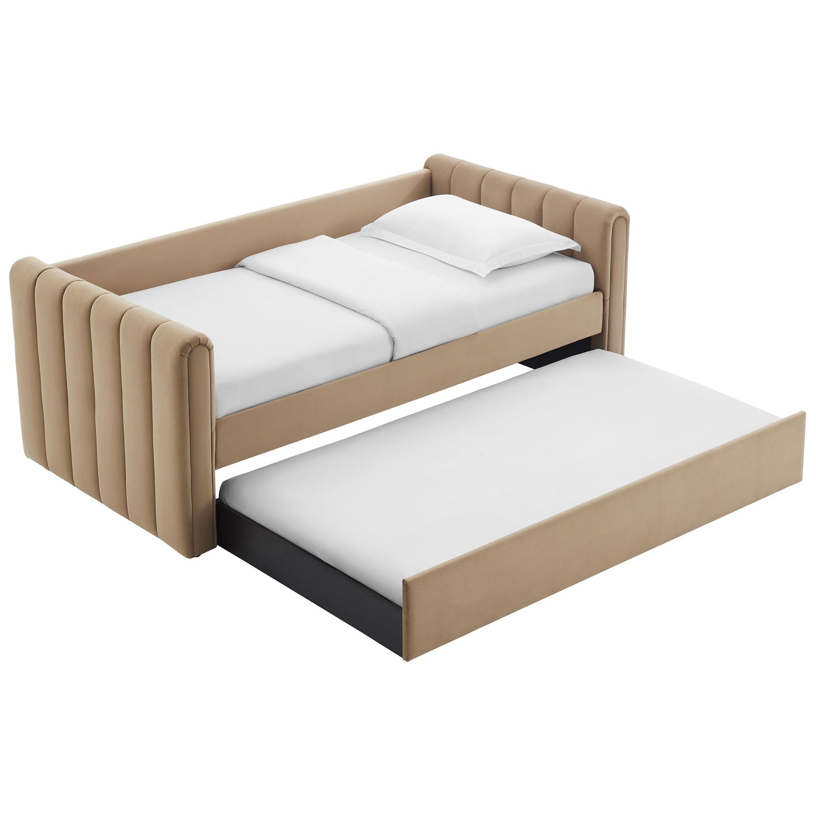 Pull-out trundle glides on casters beneath the daybed, creating an easy space-saving sleep solution || MOD-7234-TAU || front_angle_open_studio