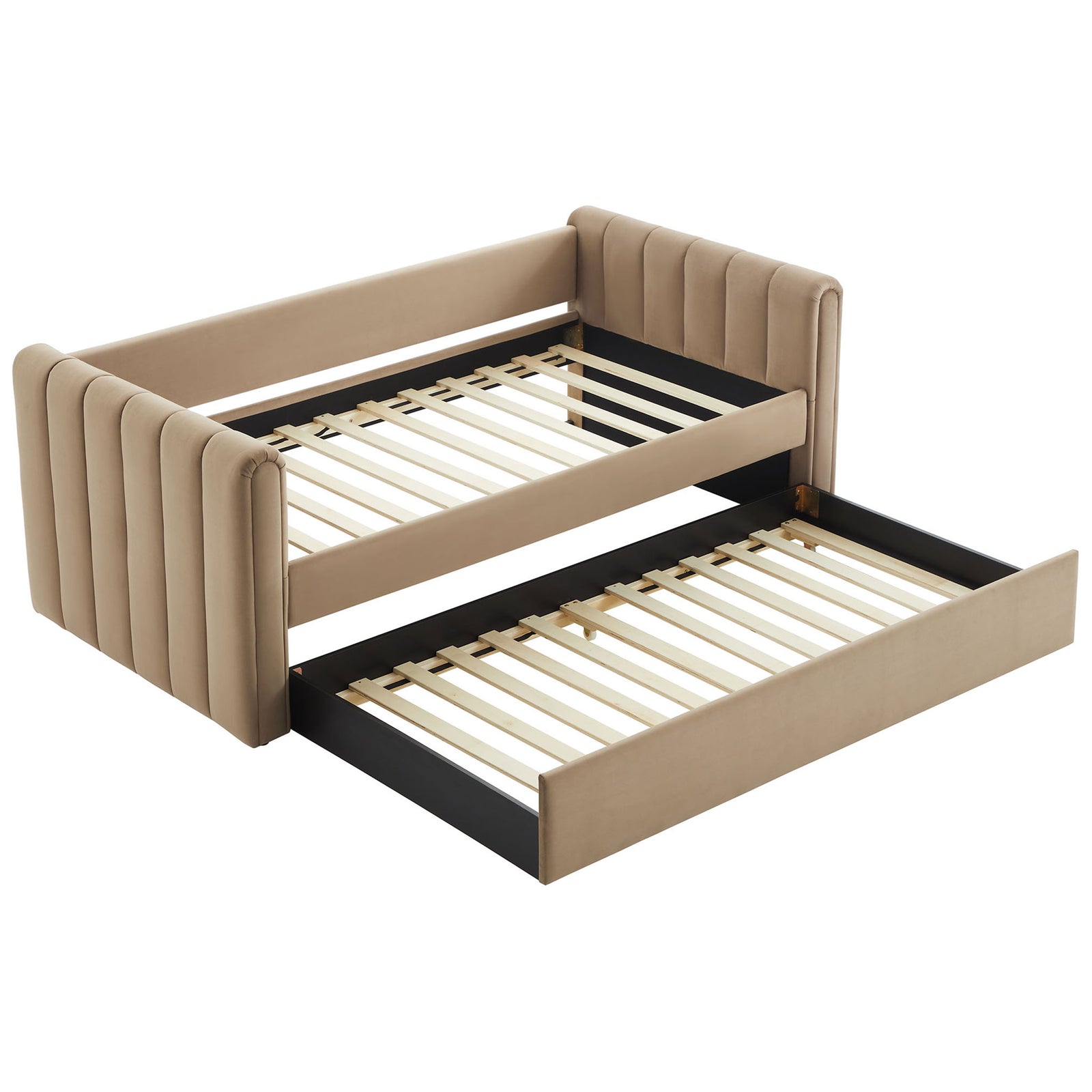 Both upper and lower frames feature durable wood slat systems for mattress support || MOD-7234-TAU || front_angle_open_studio
