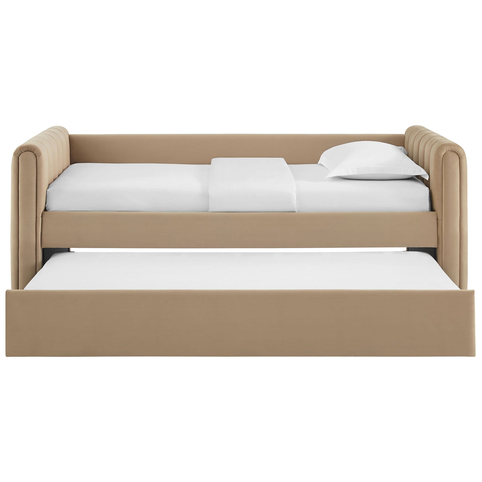 Twin-over-twin daybed showcases a smooth pull-out trundle beneath luxe channel-tufted performance velvet || MOD-7234-TAU || front_open_studio