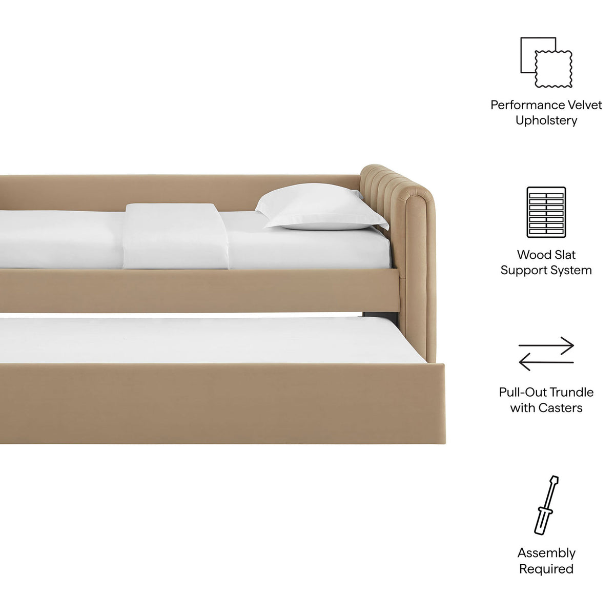 Key features include performance velvet upholstery, wood slat support, and a pull-out trundle || MOD-7234-TAU || callout_studio