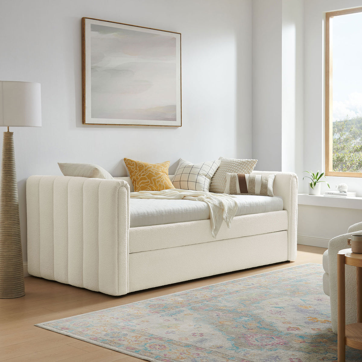 Elevates a cozy living space with its cloud boucle texture and tailored channels || MOD-7235-CLO || front_angle_room