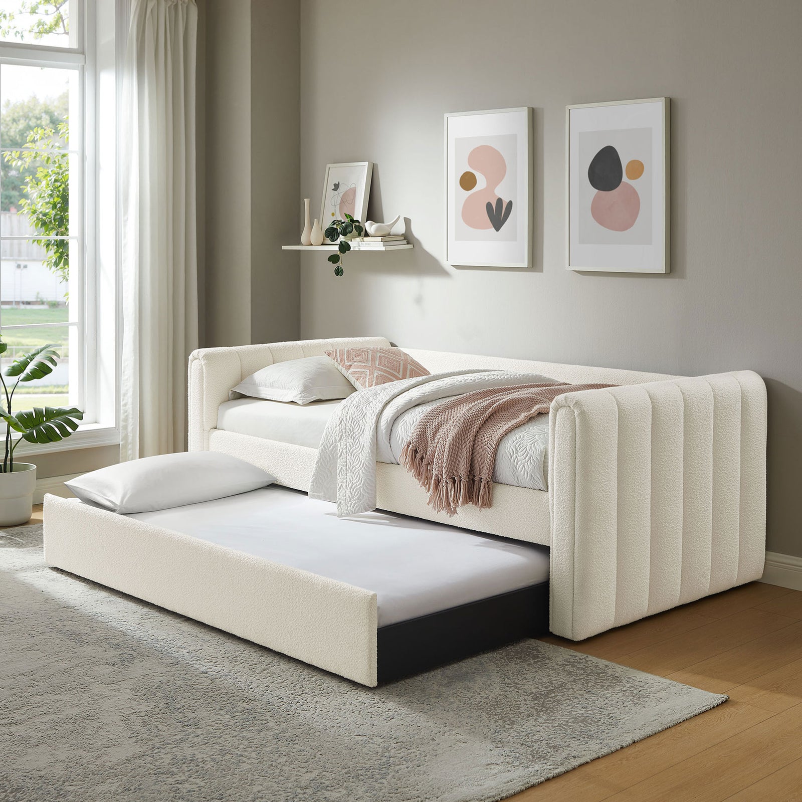 Trundle pulled out creates extra sleeping space while keeping the room bright and airy || MOD-7235-CLO || front_angle_open_room