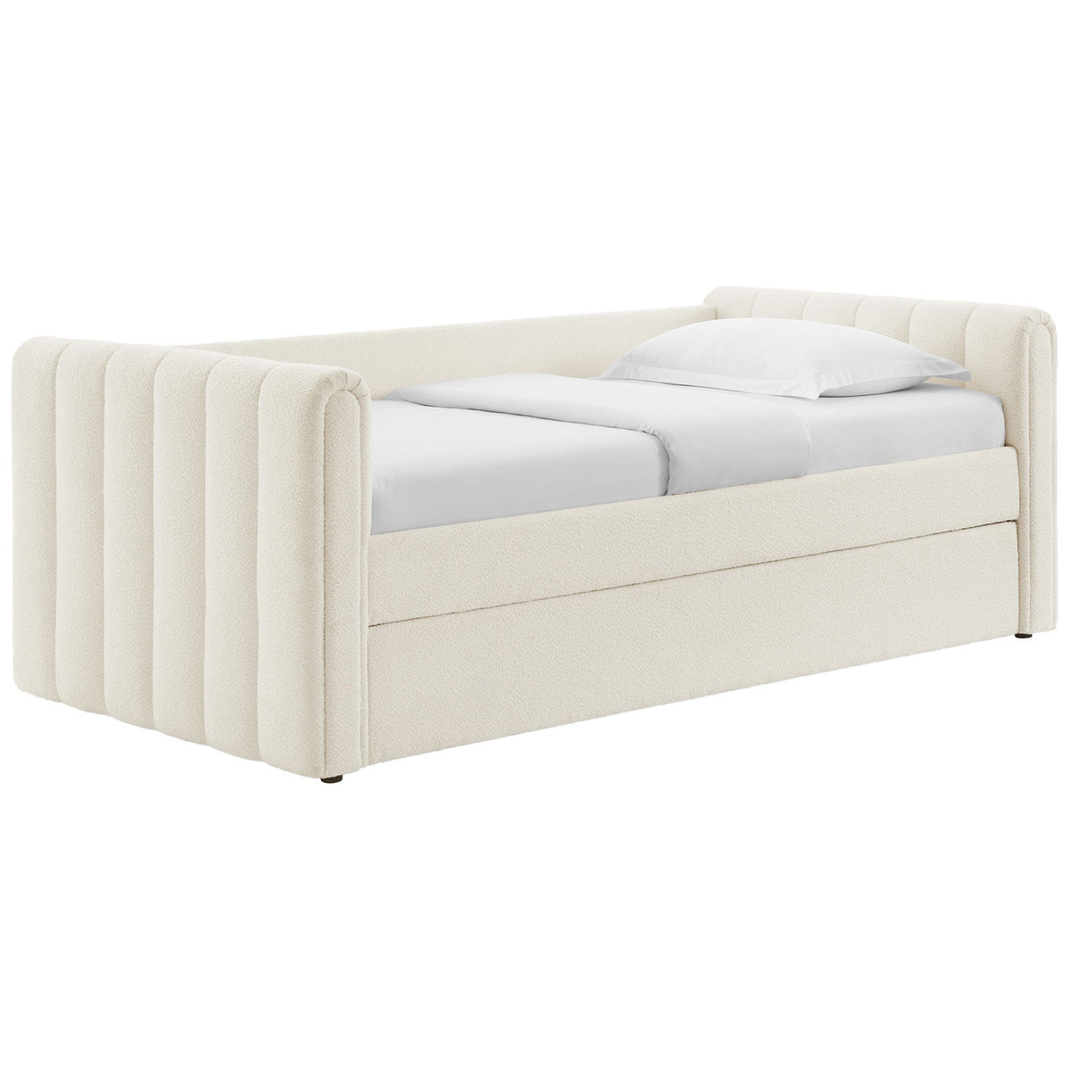 Streamlined twin daybed in soft cloud boucle with tailored vertical channels and modern silhouette || MOD-7235-CLO || front_angle_studio