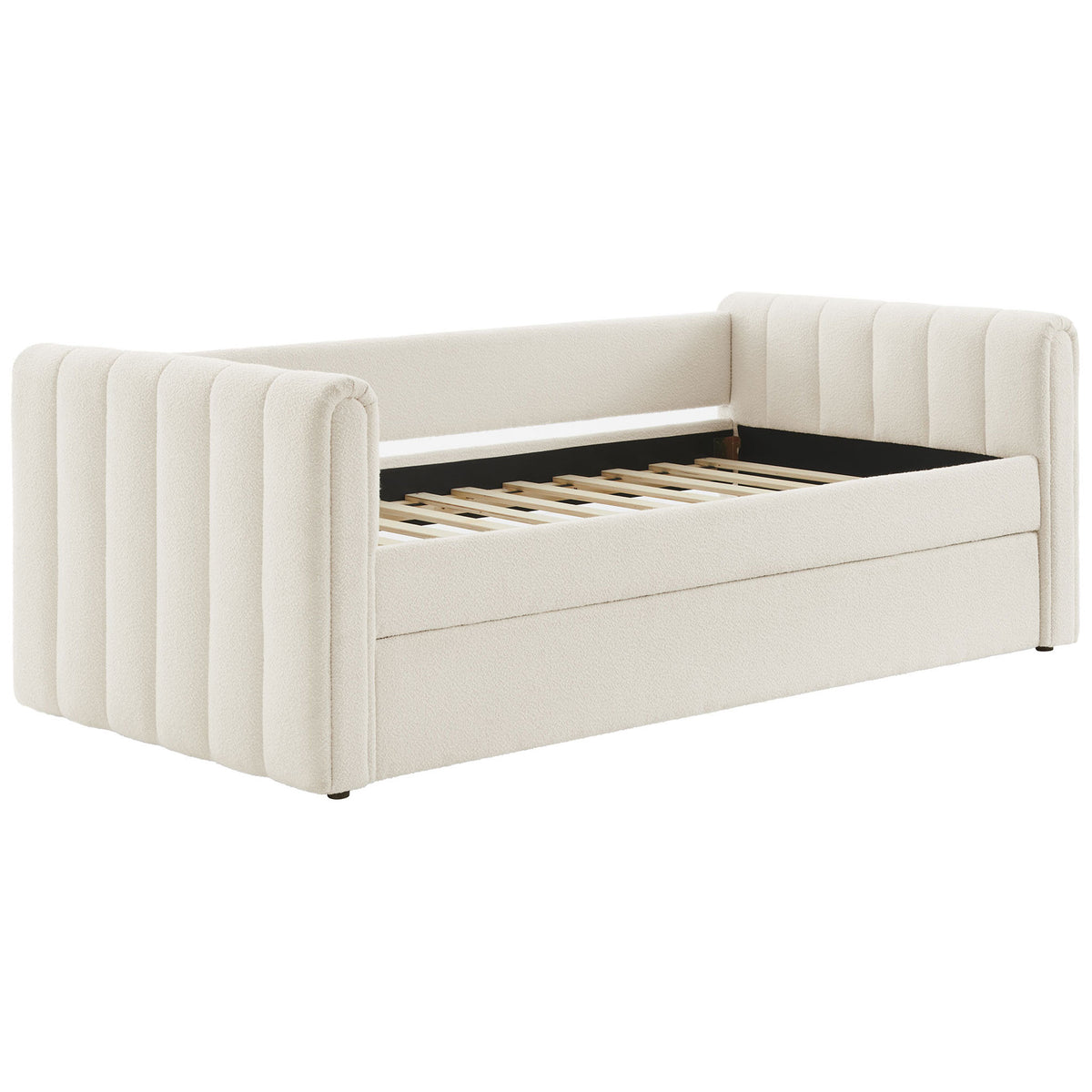 Open-back daybed design upholstered in cloud boucle with supportive slats and rounded channel detail || MOD-7235-CLO || front_angle_studio