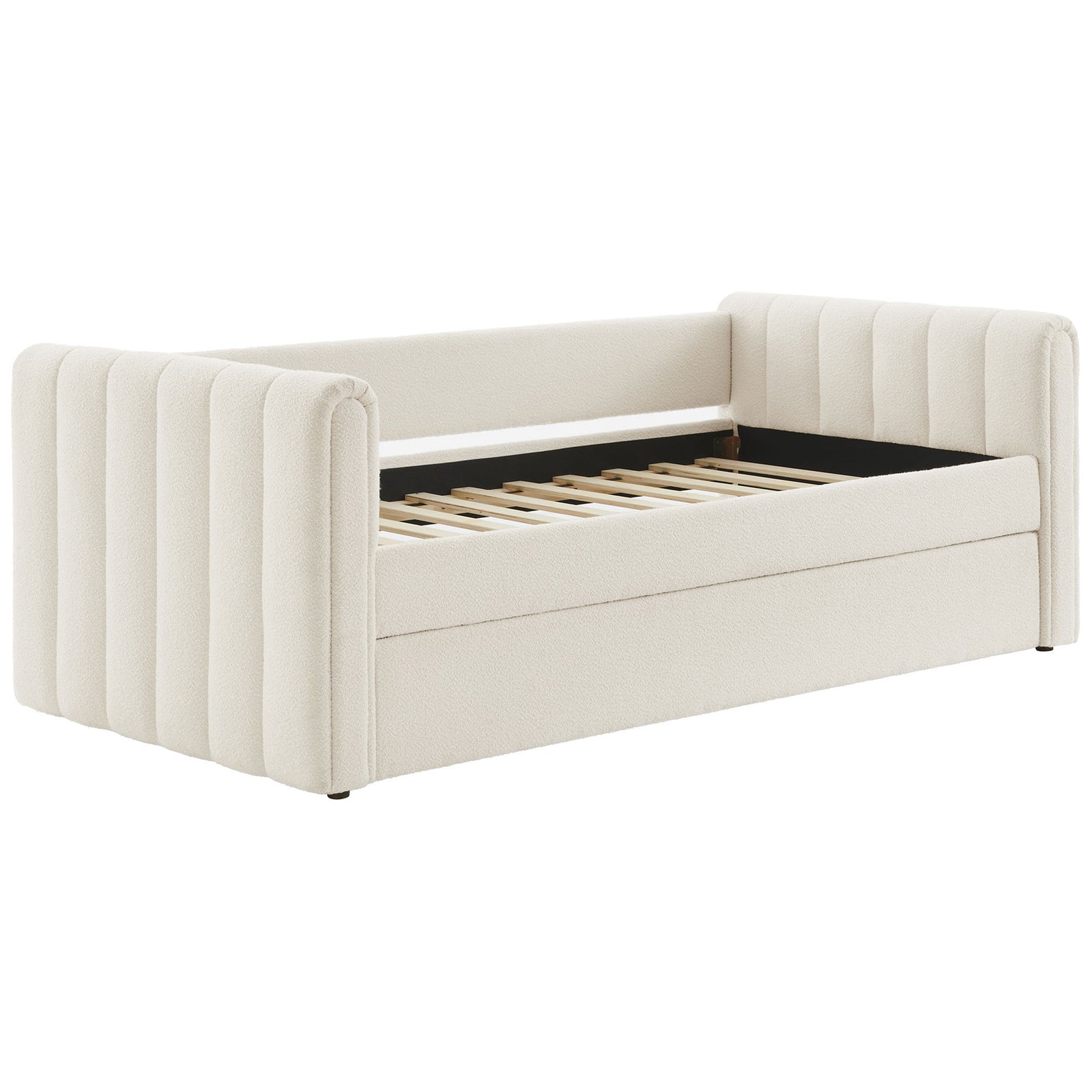 Open-back daybed design upholstered in cloud boucle with supportive slats and rounded channel detail || MOD-7235-CLO || front_angle_studio
