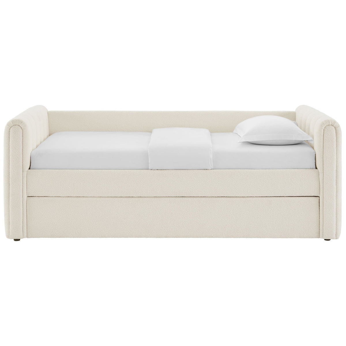 Soft cloud boucle daybed with vertical channel tufting, low-profile arms, and a hidden pull-out trundle || MOD-7235-CLO || front_studio