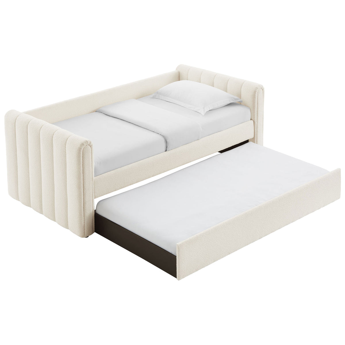 Pull-out trundle glides smoothly on casters beneath the channel-tufted daybed for easy guest sleep space || MOD-7235-CLO || front_angle_open_studio