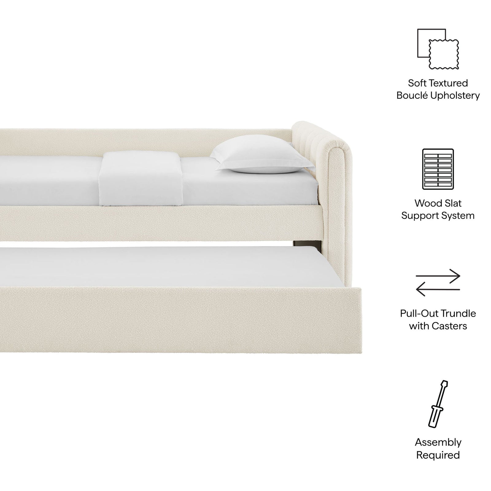 Key features: soft boucle upholstery, wood slat support, pull-out trundle, and easy assembly || MOD-7235-CLO || callout_studio