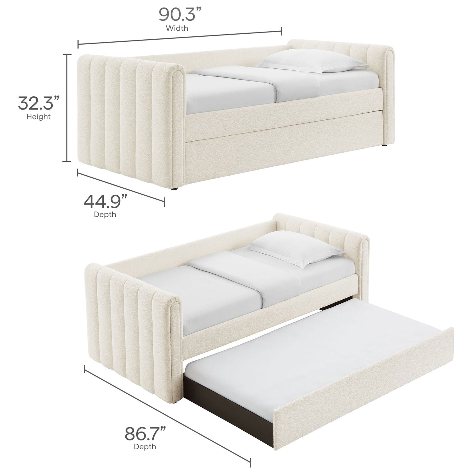 Overall and extended dimensions shown for the twin daybed with trundle || MOD-7235-CLO || dimension_studio