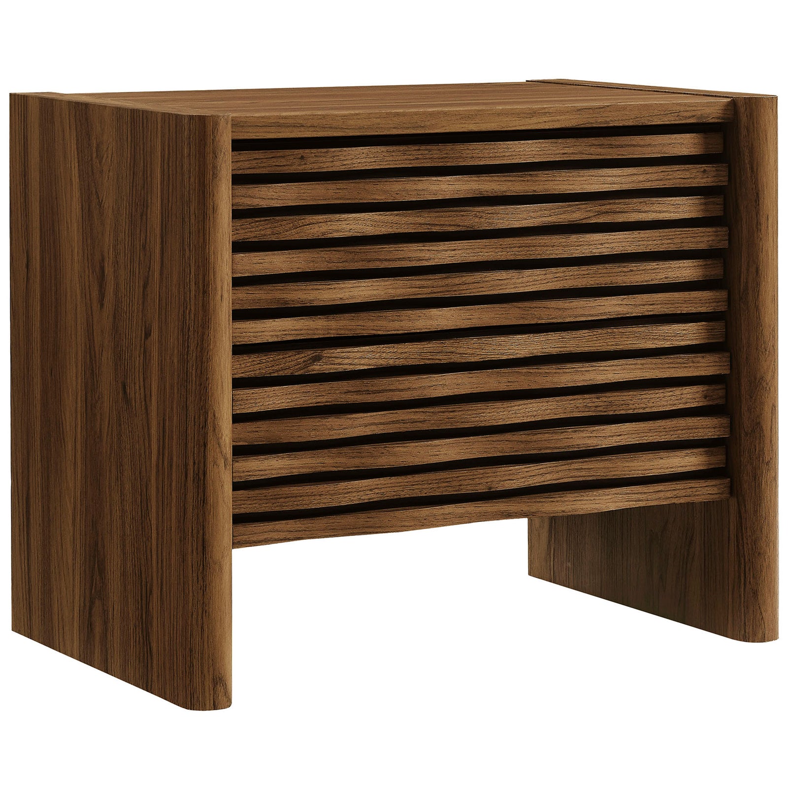 Emric walnut nightstand showcasing the wave slat design and thick panel sides for a modern look. || MOD-7236-WAL || front_angle_studio