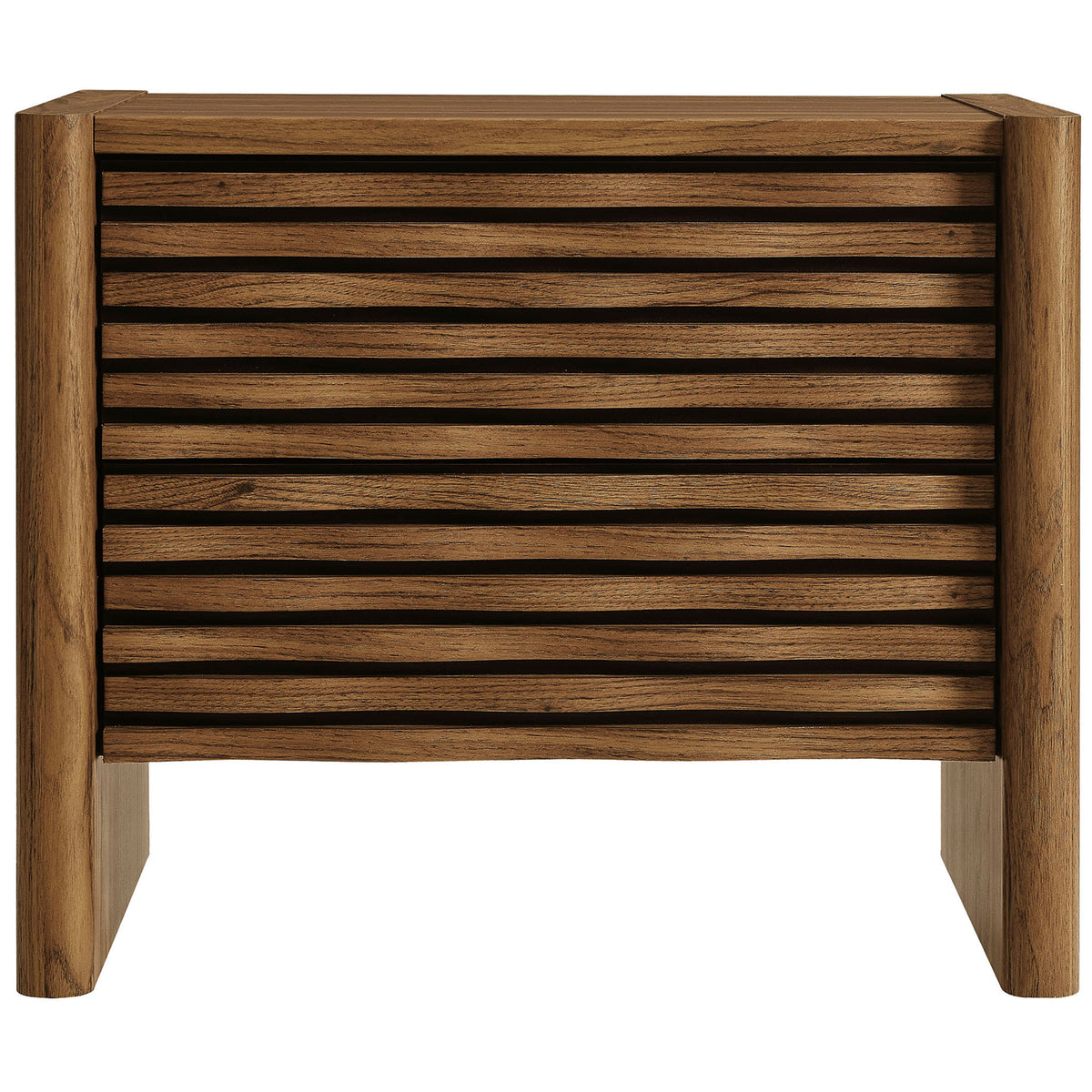Walnut wave nightstand with slatted drawer fronts and a grounded, sculpted base. || MOD-7236-WAL || front_studio