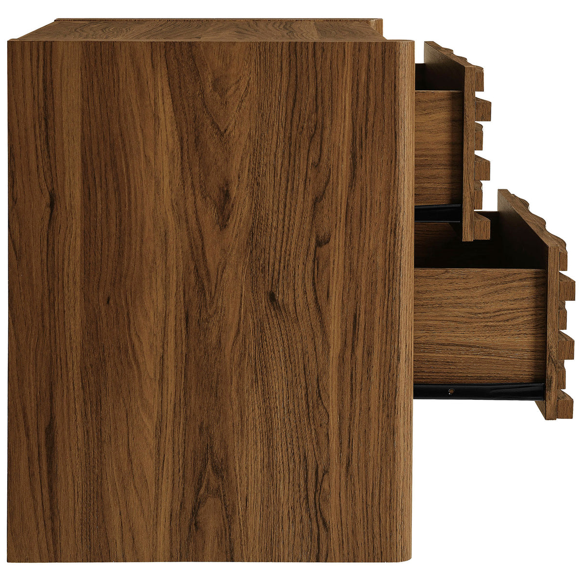 Walnut nightstand with both drawers smoothly extended to reveal spacious, full extension storage. || MOD-7236-WAL || side_open_studio