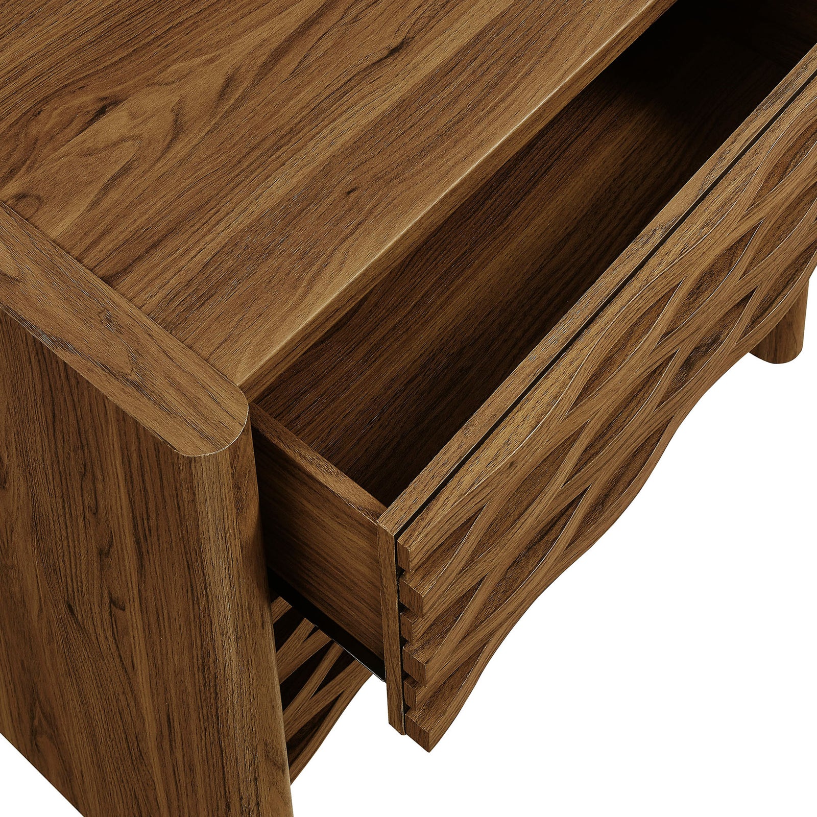 Open top drawer of the Emric nightstand showing smooth interior storage and sculpted wave front detail. || MOD-7236-WAL || storage_open_studio
