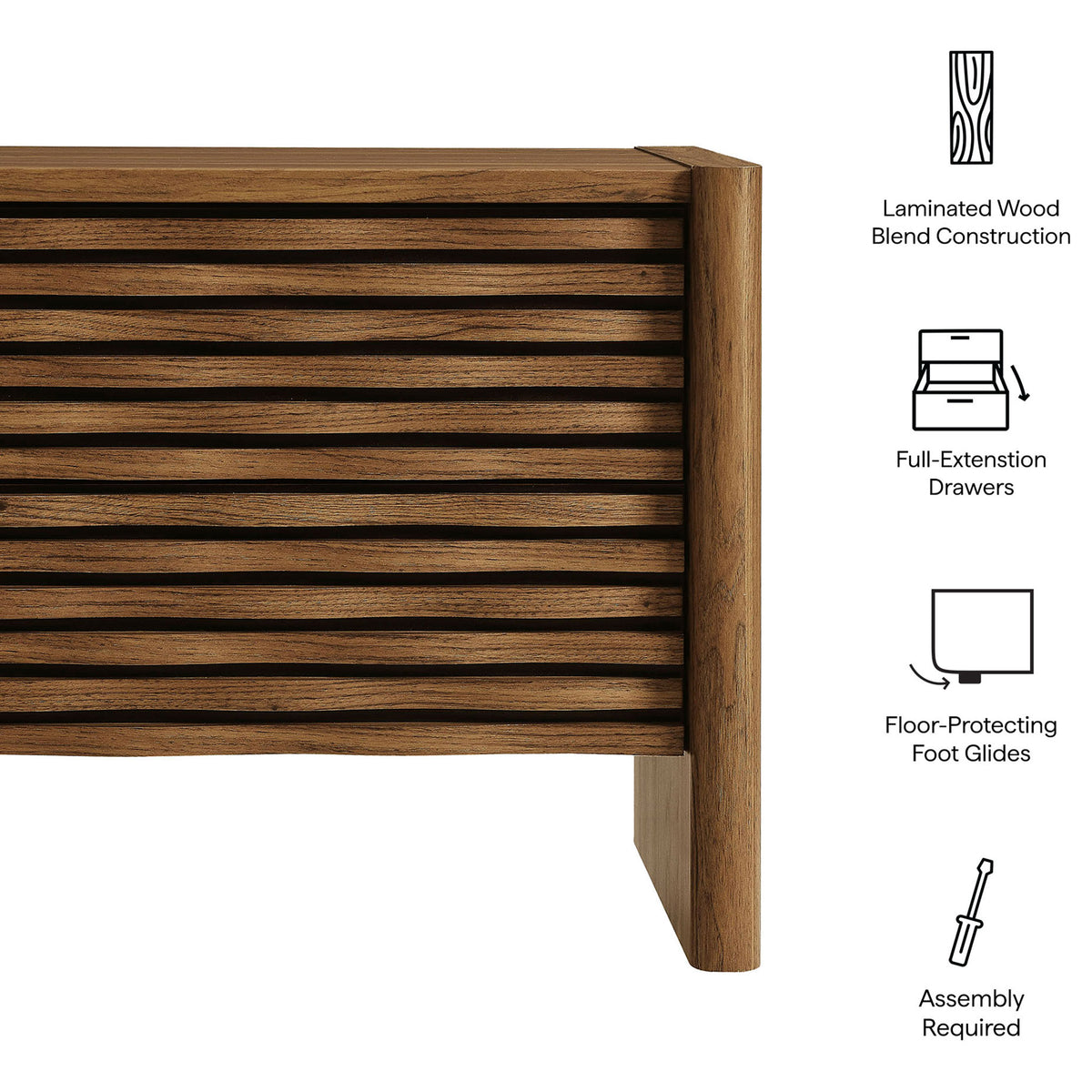 Feature callouts for the Emric walnut nightstand including construction, drawers, foot glides, and assembly. || MOD-7236-WAL || callout_studio