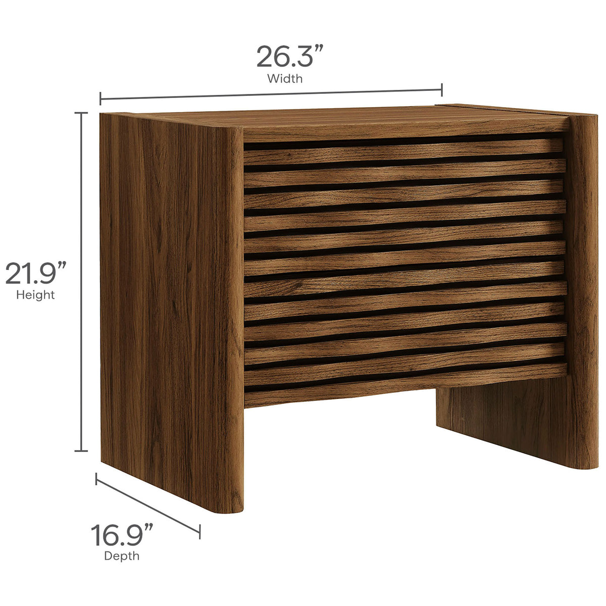 Dimension graphic for the Emric walnut nightstand showing labeled height, width, and depth measurements. || MOD-7236-WAL || dimension_studio