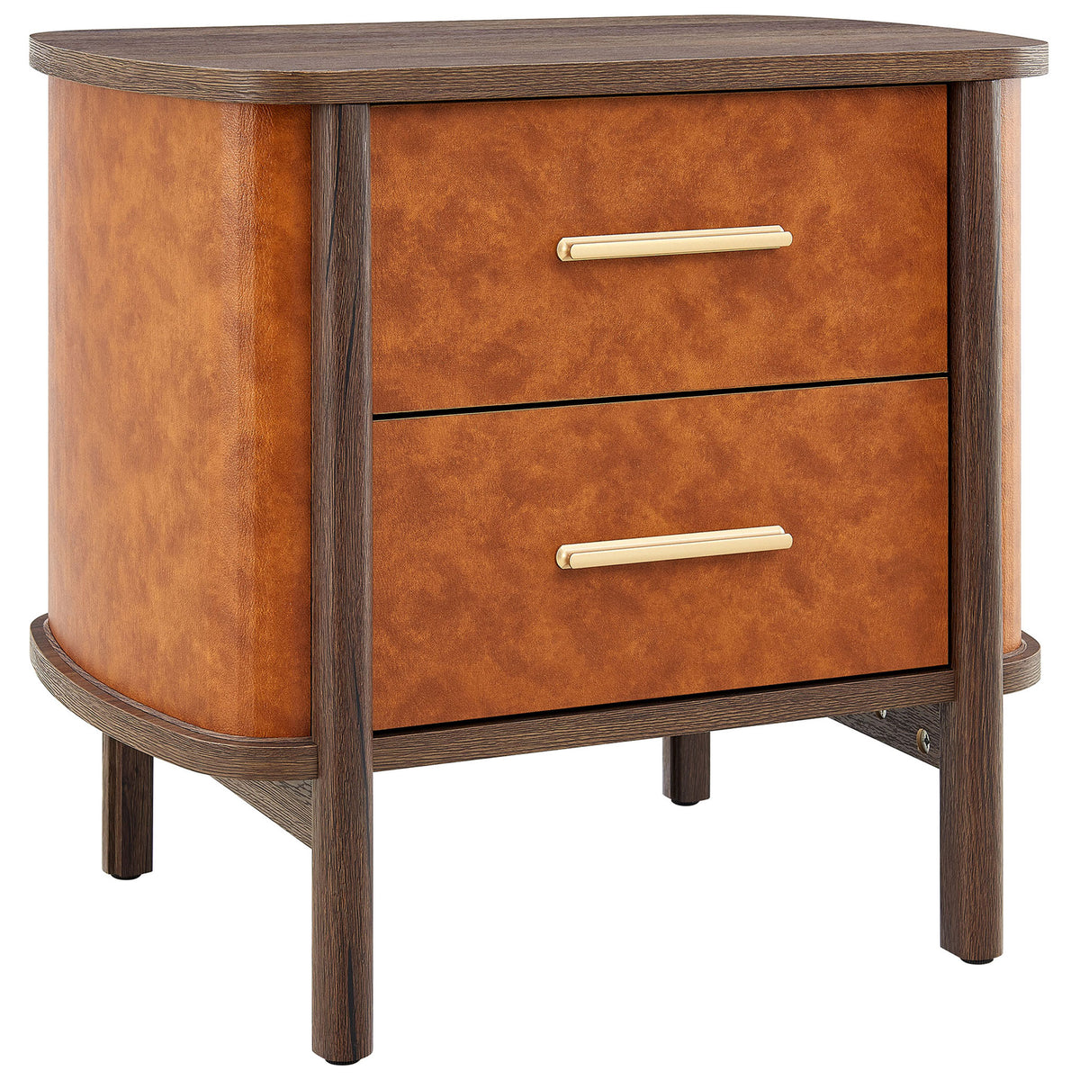 Curved walnut and tan vegan leather nightstand with two drawers and slim gold bar pulls || MOD-7237-WAL-TAN || front_angle_studio