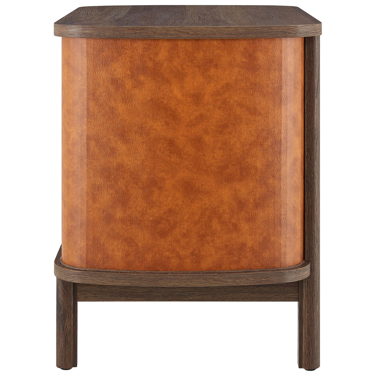Smooth curved vegan leather side panel in rich tan framed by walnut wood legs || MOD-7237-WAL-TAN || side_studio