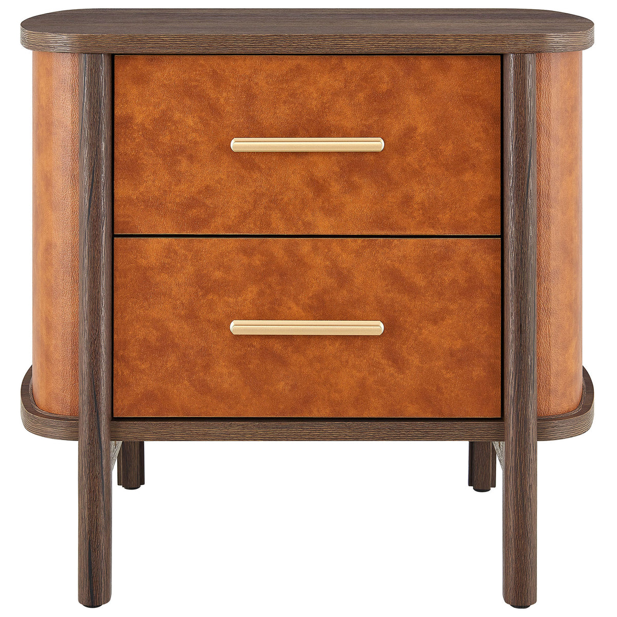 Two-drawer walnut and tan nightstand with gold pulls and a softly rounded silhouette || MOD-7237-WAL-TAN || front_studio