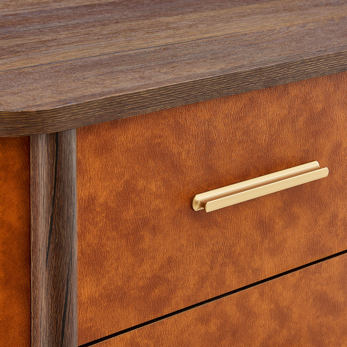 Textured vegan leather drawer front with sleek gold metal handle and coordinating wood top || MOD-7237-WAL-TAN || handle_studio