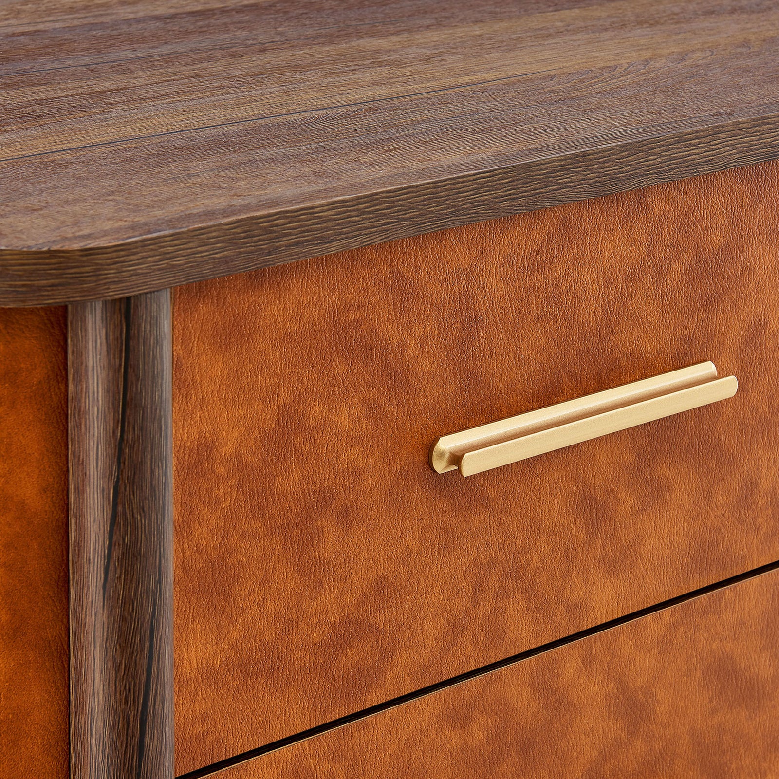 Textured vegan leather drawer front with sleek gold metal handle and coordinating wood top || MOD-7237-WAL-TAN || handle_studio