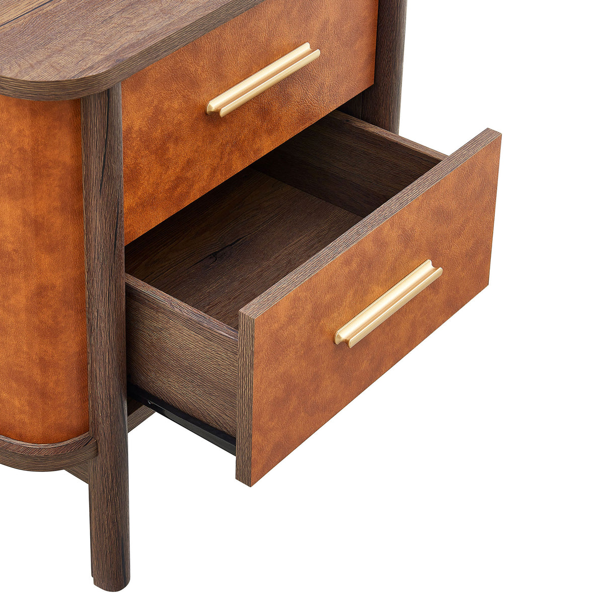 Nightstand with bottom drawer open revealing spacious wood-grain storage and warm vegan leather finish || MOD-7237-WAL-TAN || front_angle_open_studio